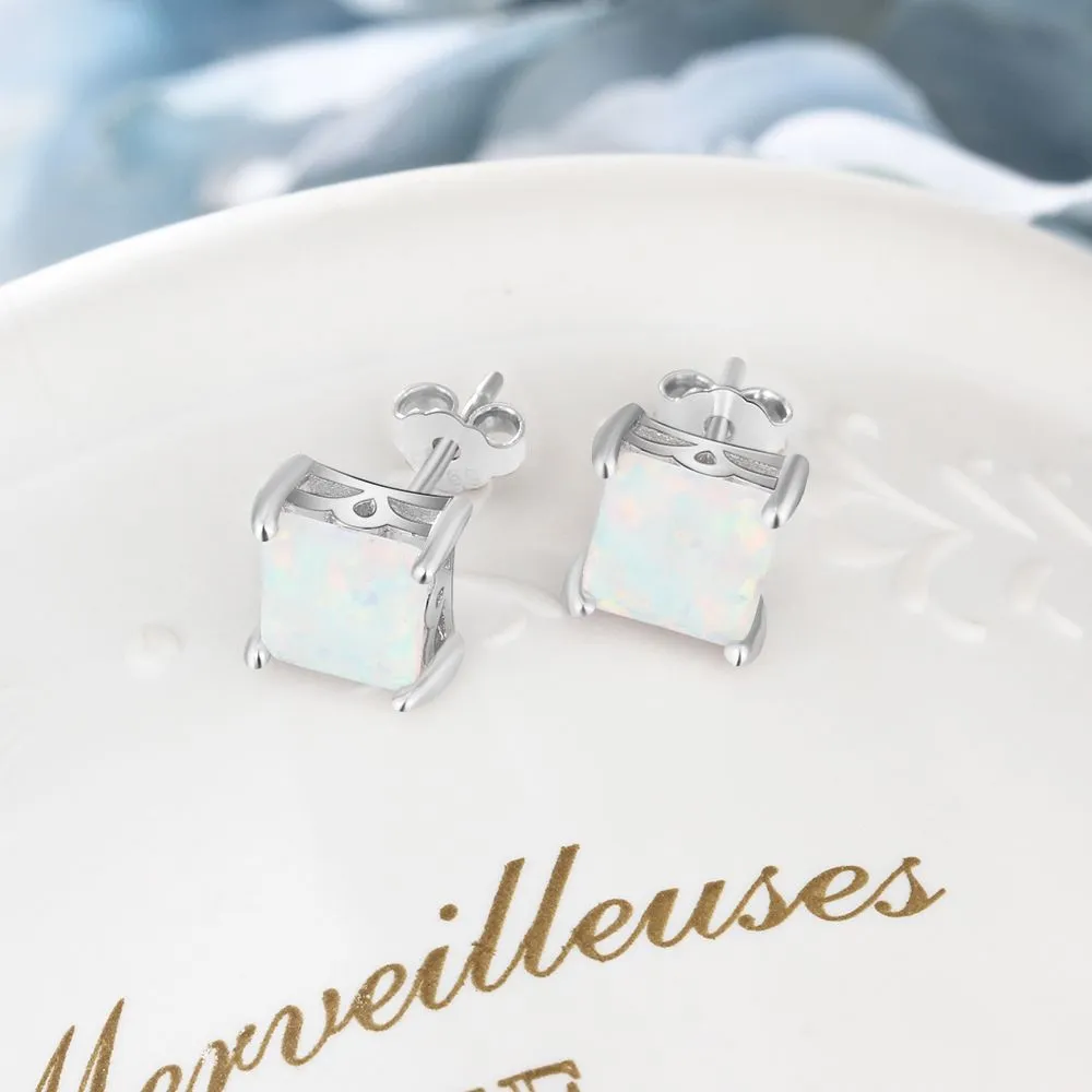 Four Prongs Square Opal Sterling Silver Stud Earrings