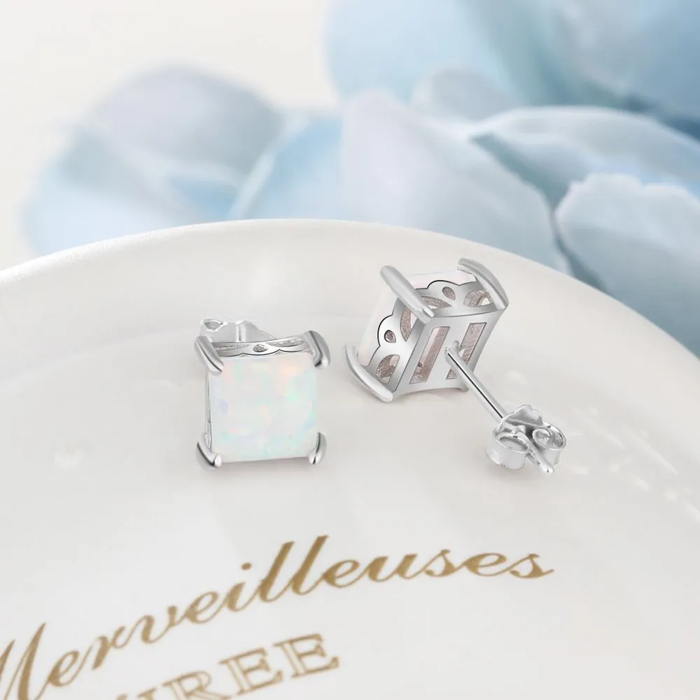 Four Prongs Square Opal Sterling Silver Stud Earrings