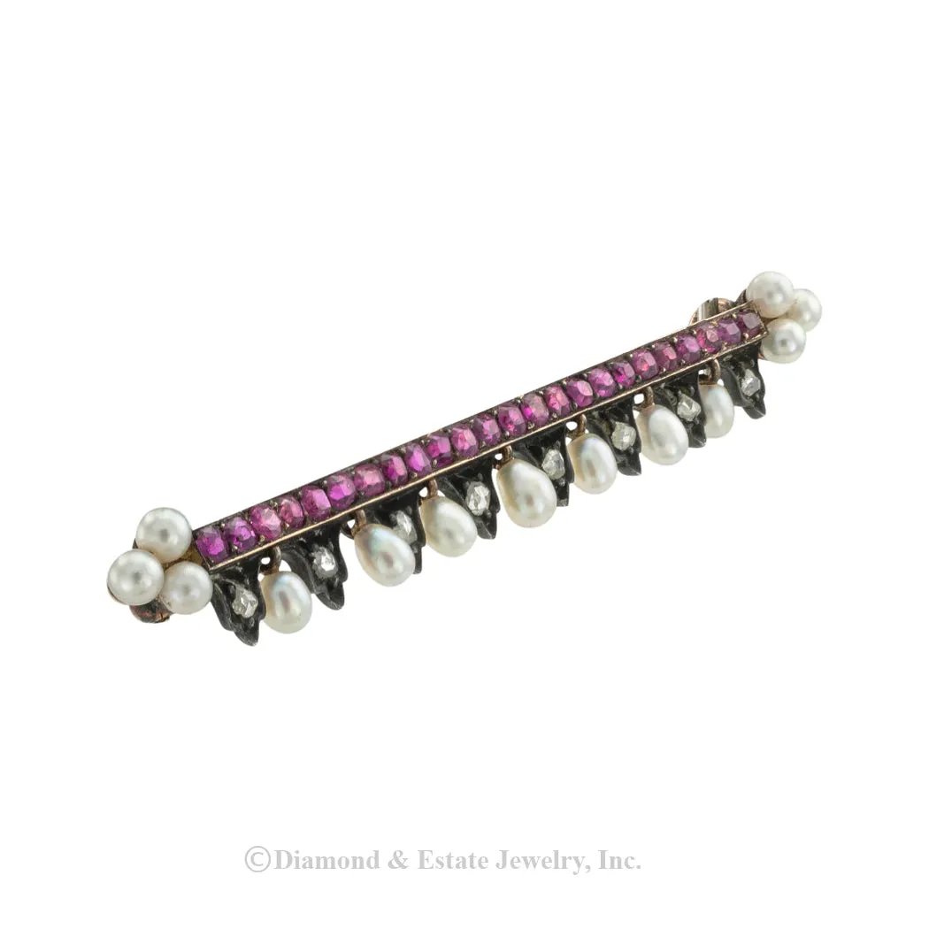 French Victorian Ruby Pearl Rose Cut Diamonds Bar Brooch