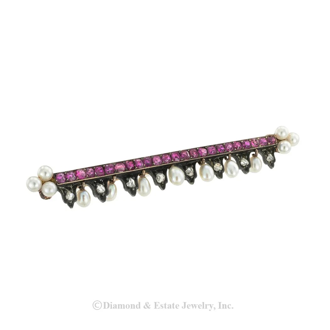 French Victorian Ruby Pearl Rose Cut Diamonds Bar Brooch