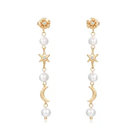 Freshwater Pearl Moon & Star Gold Drop Earrings - Daisy