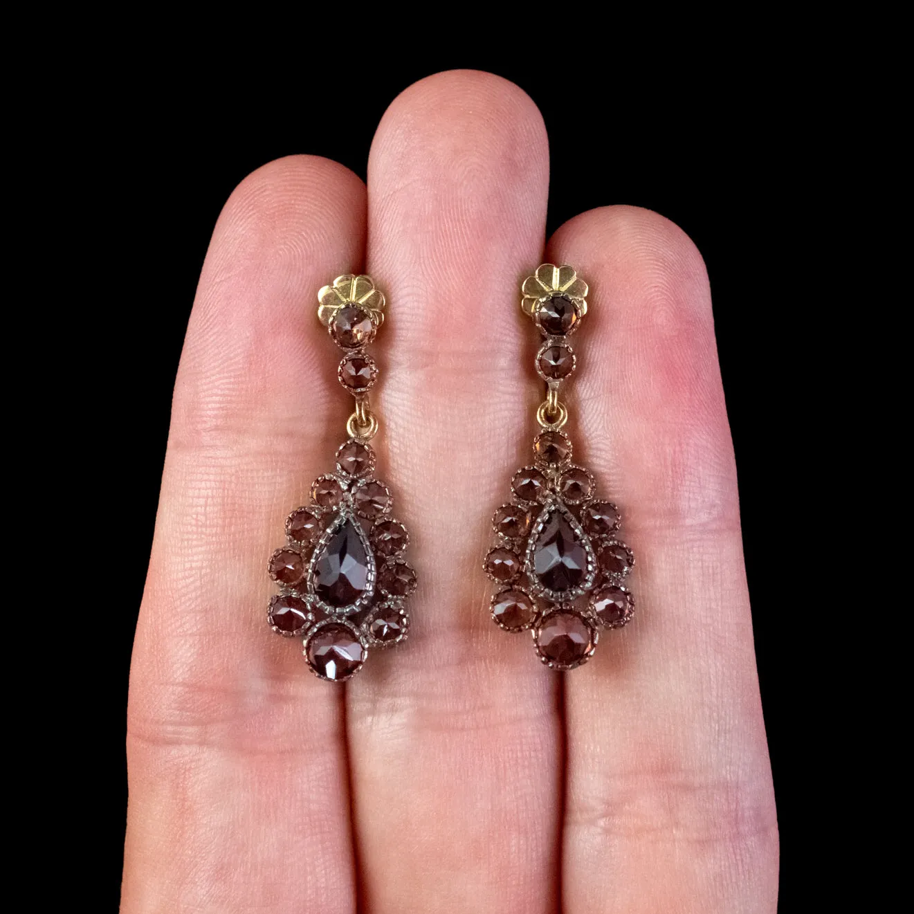 Garnet Cluster Earrings Silver 18Ct Gold