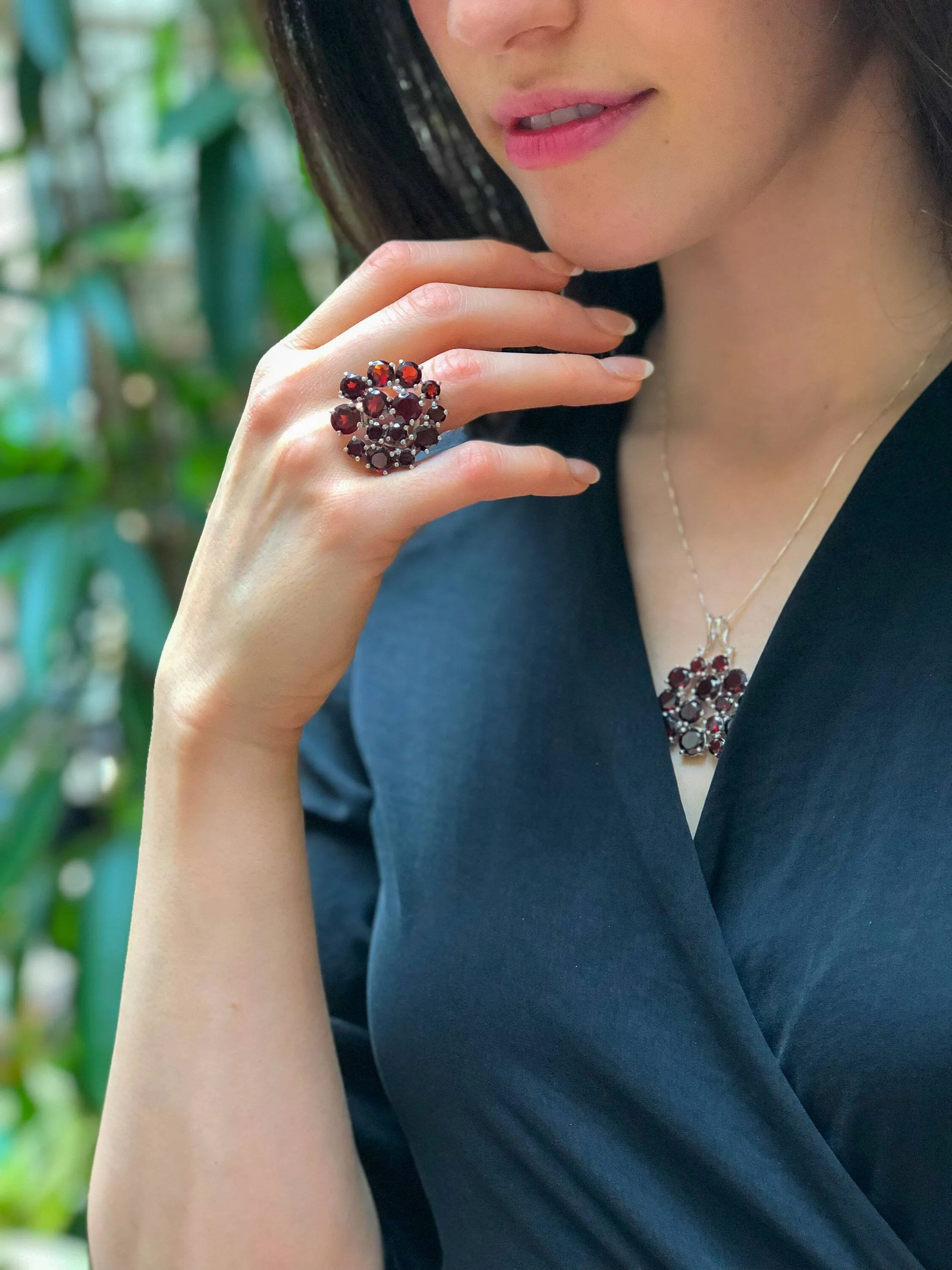 Garnet Flower Necklace - Statement Garnet Pendant - Cluster Silver Necklace