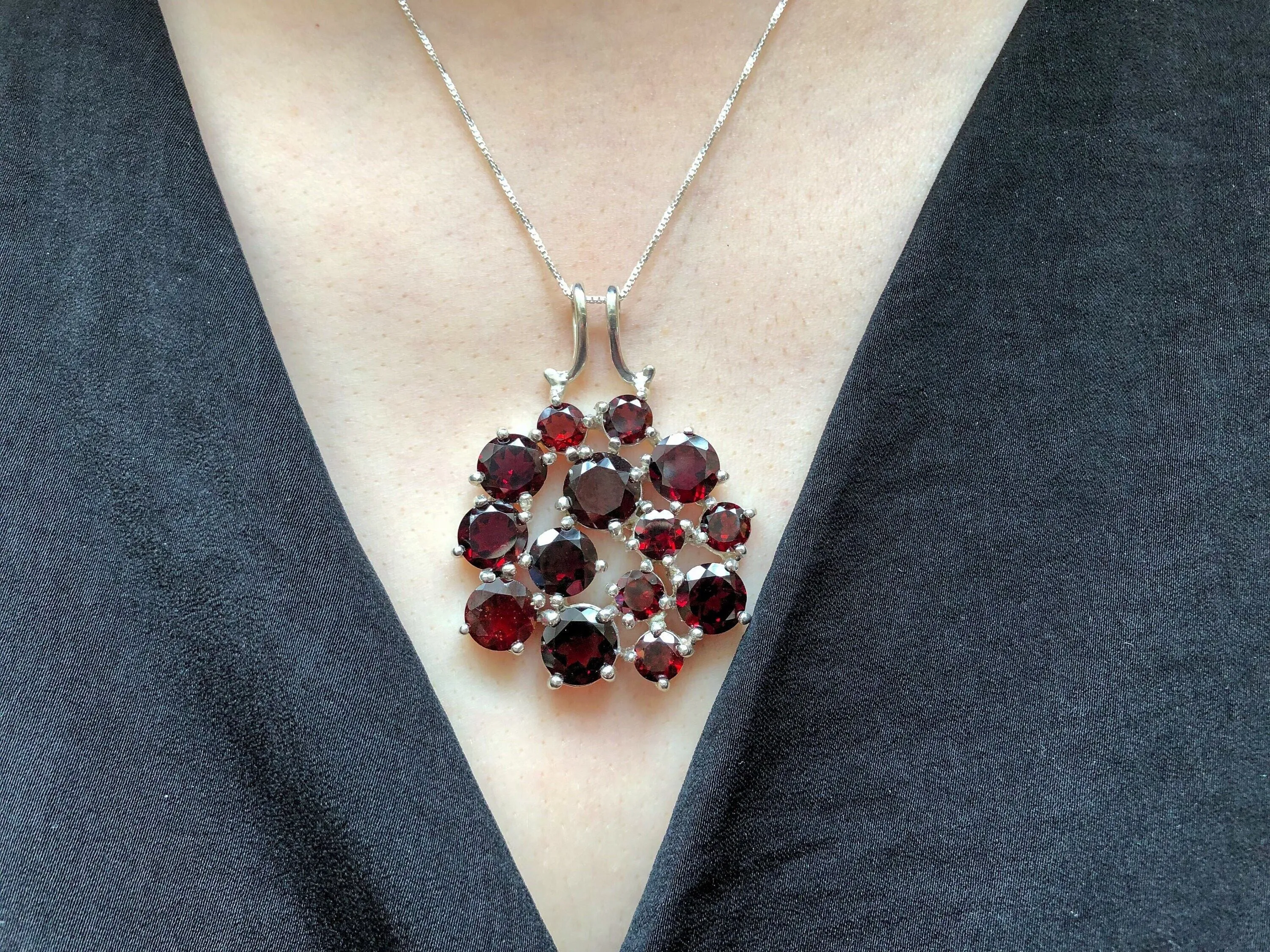 Garnet Flower Necklace - Statement Garnet Pendant - Cluster Silver Necklace