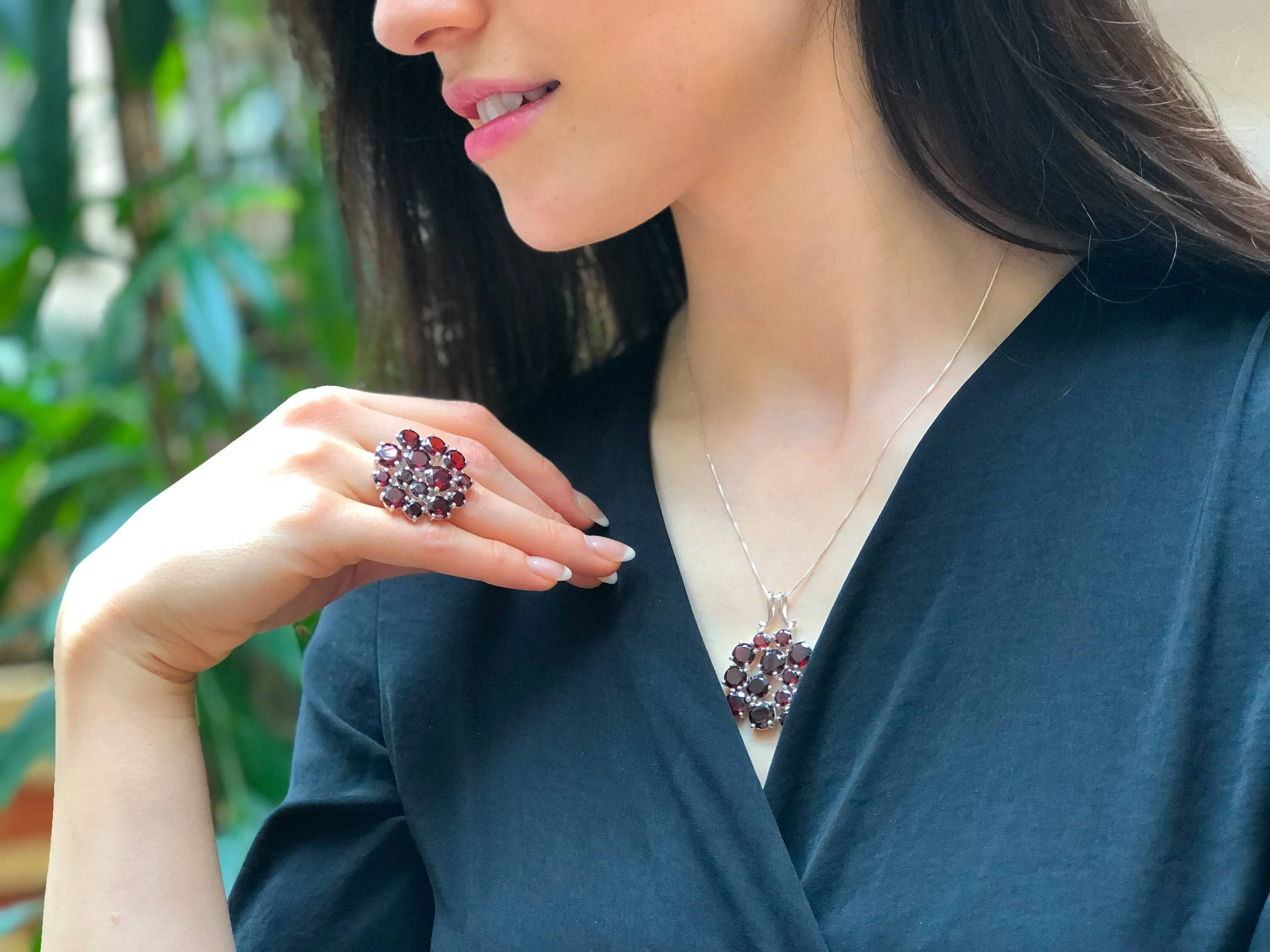 Garnet Flower Necklace - Statement Garnet Pendant - Cluster Silver Necklace