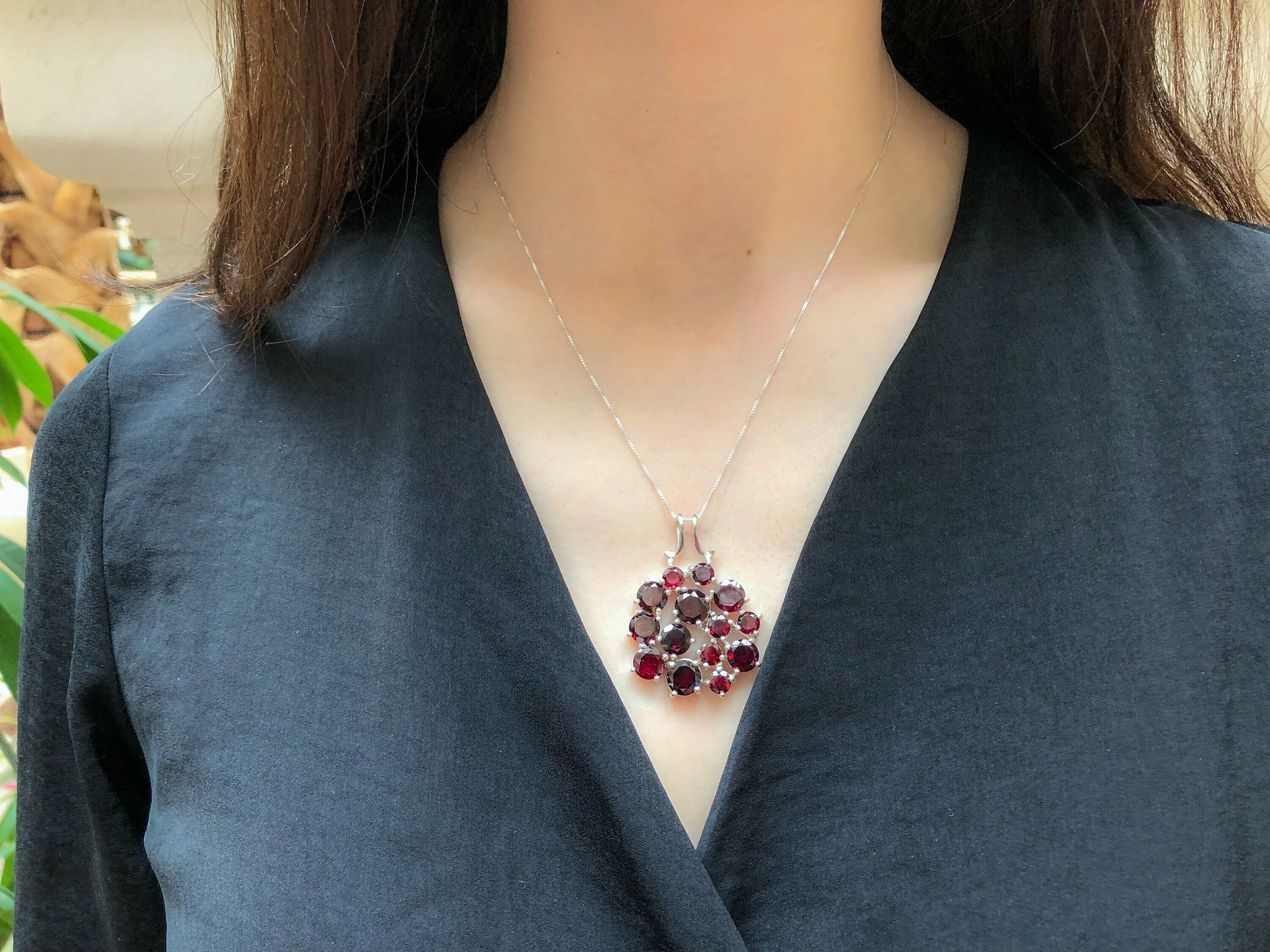 Garnet Flower Necklace - Statement Garnet Pendant - Cluster Silver Necklace