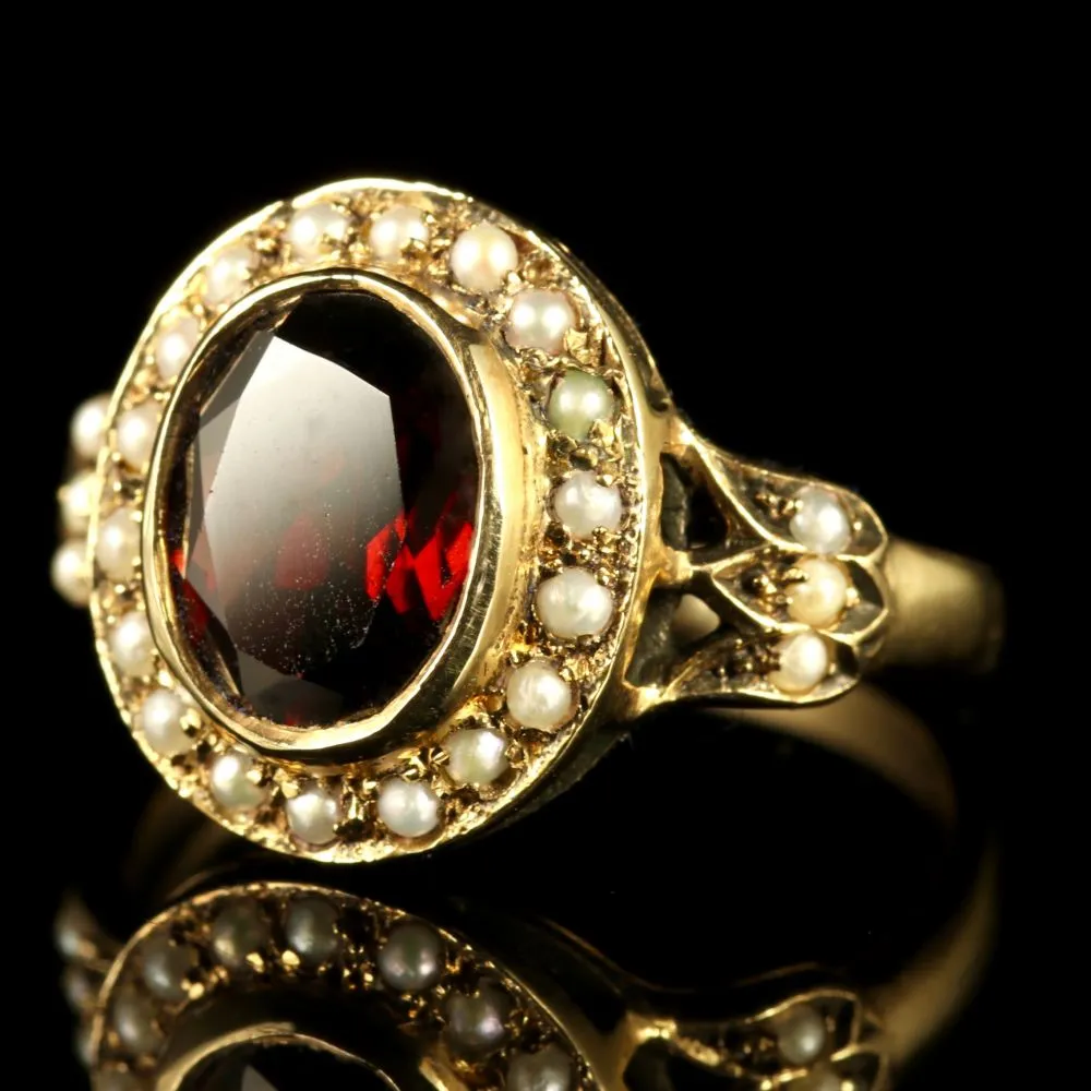 Garnet Pearl Cluster Ring 9Ct Gold