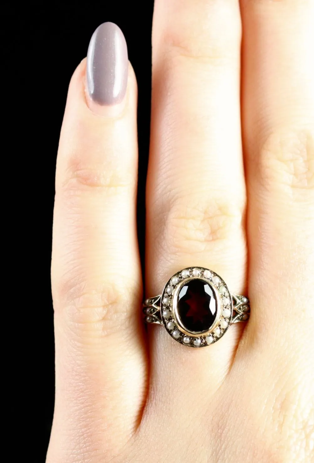 Garnet Pearl Cluster Ring 9Ct Gold