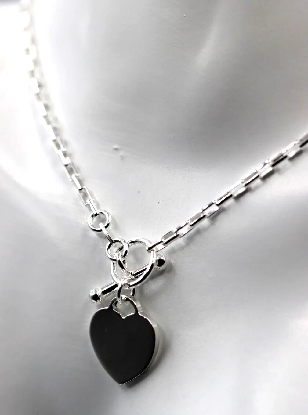 Genuine 45cm, 50cm or 55cm Sterling Silver 925 Cable Link With T-Bar And Heart Necklace