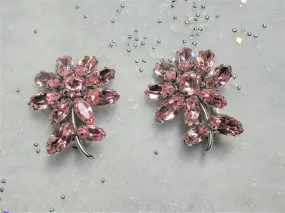 GLAMOROUS Vintage 50s SHERMAN Glass Earrings,Brilliant PINK Swarovski Floral Earrings,Sparkling Rhinestone Clip Ons,Collectible Jewelry