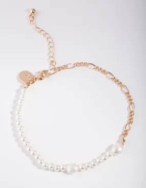 Gold Freshwater Pearl Figaro Chain Anklet