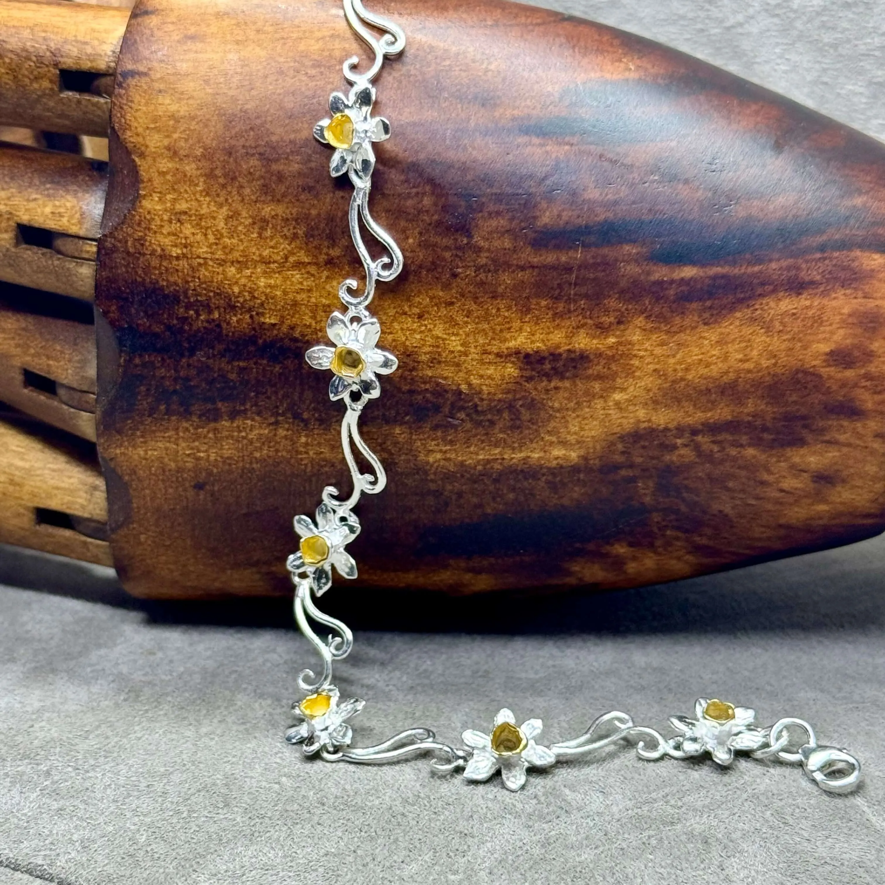 Gold Plated Daffodil's and Sterling Silver Bracelet