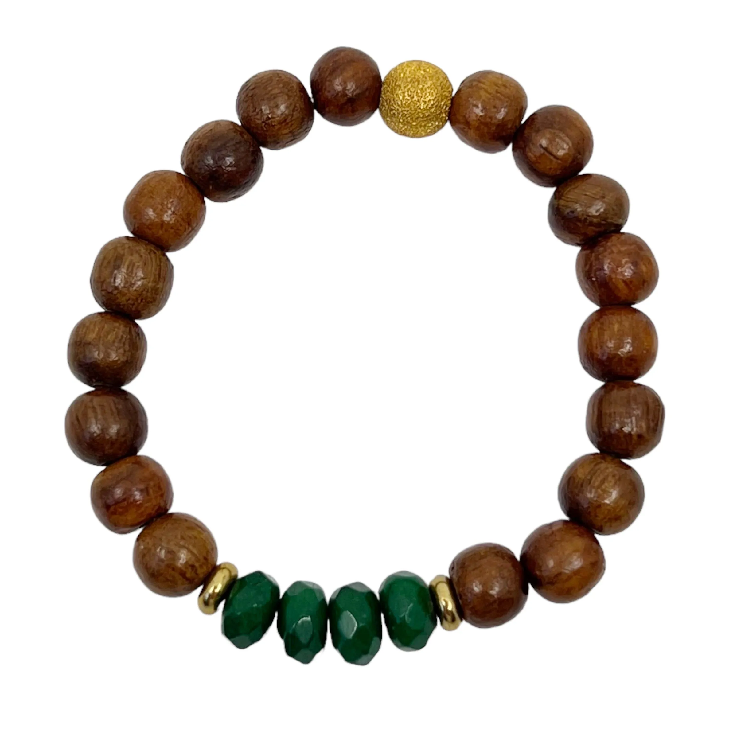 Gold vermeil sterling silver wood & chrysoprase bead stretch bracelet