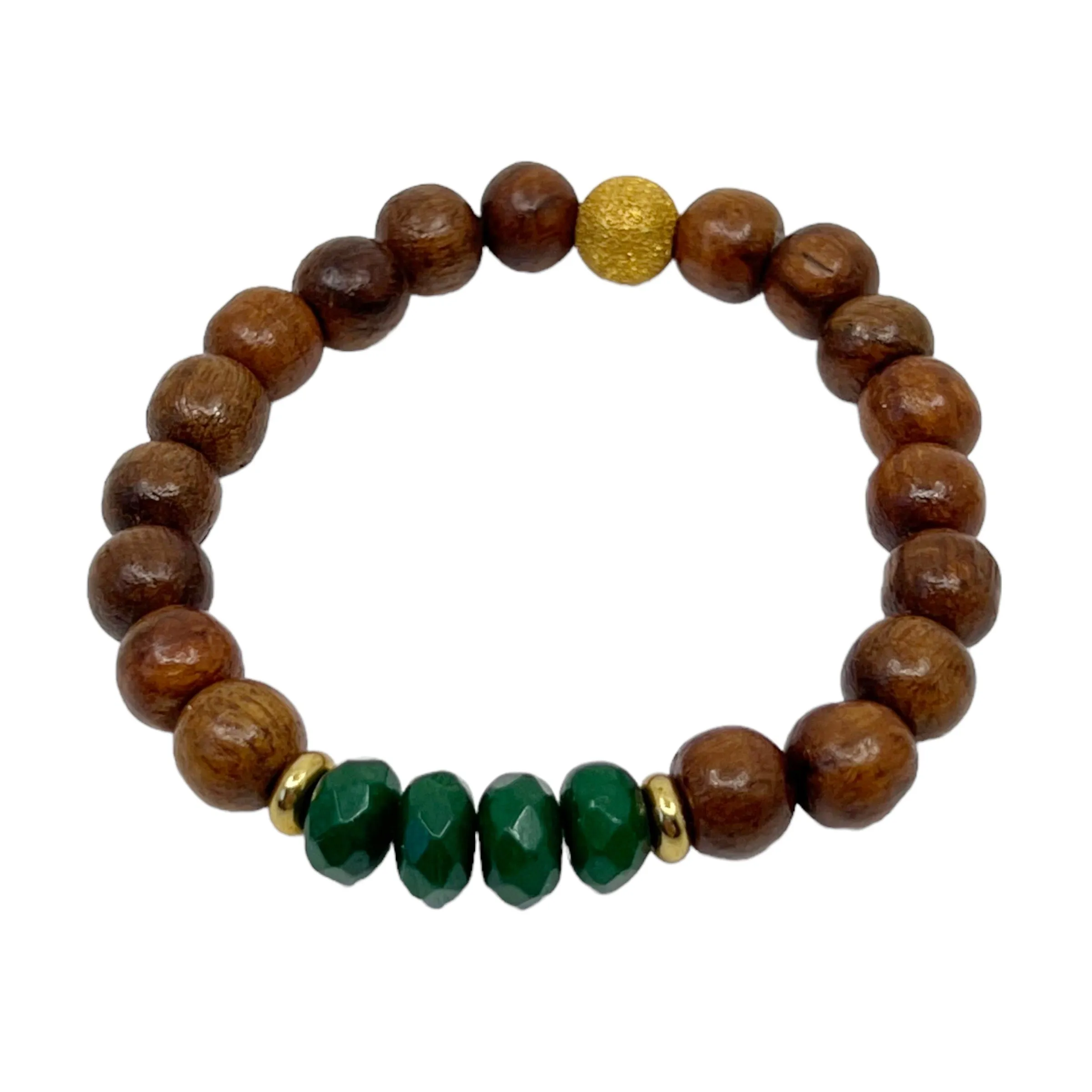 Gold vermeil sterling silver wood & chrysoprase bead stretch bracelet