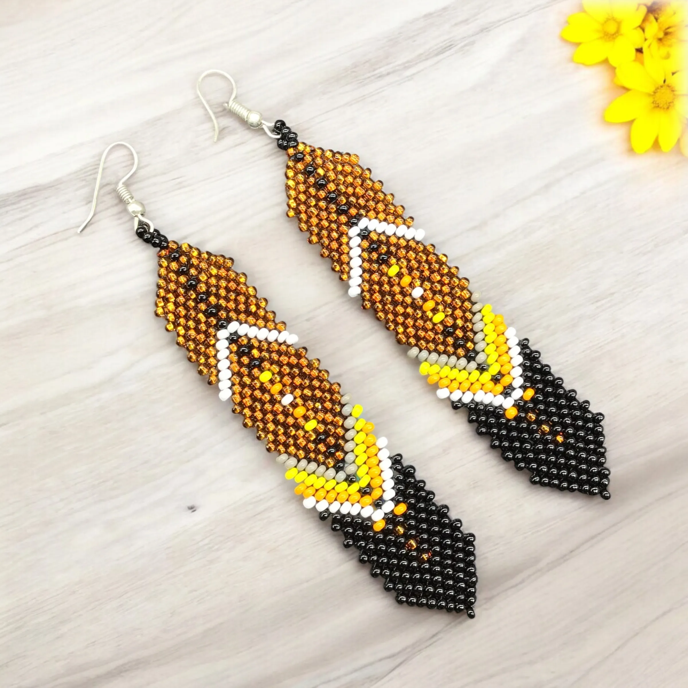 Golden Beaded Feather Earrings