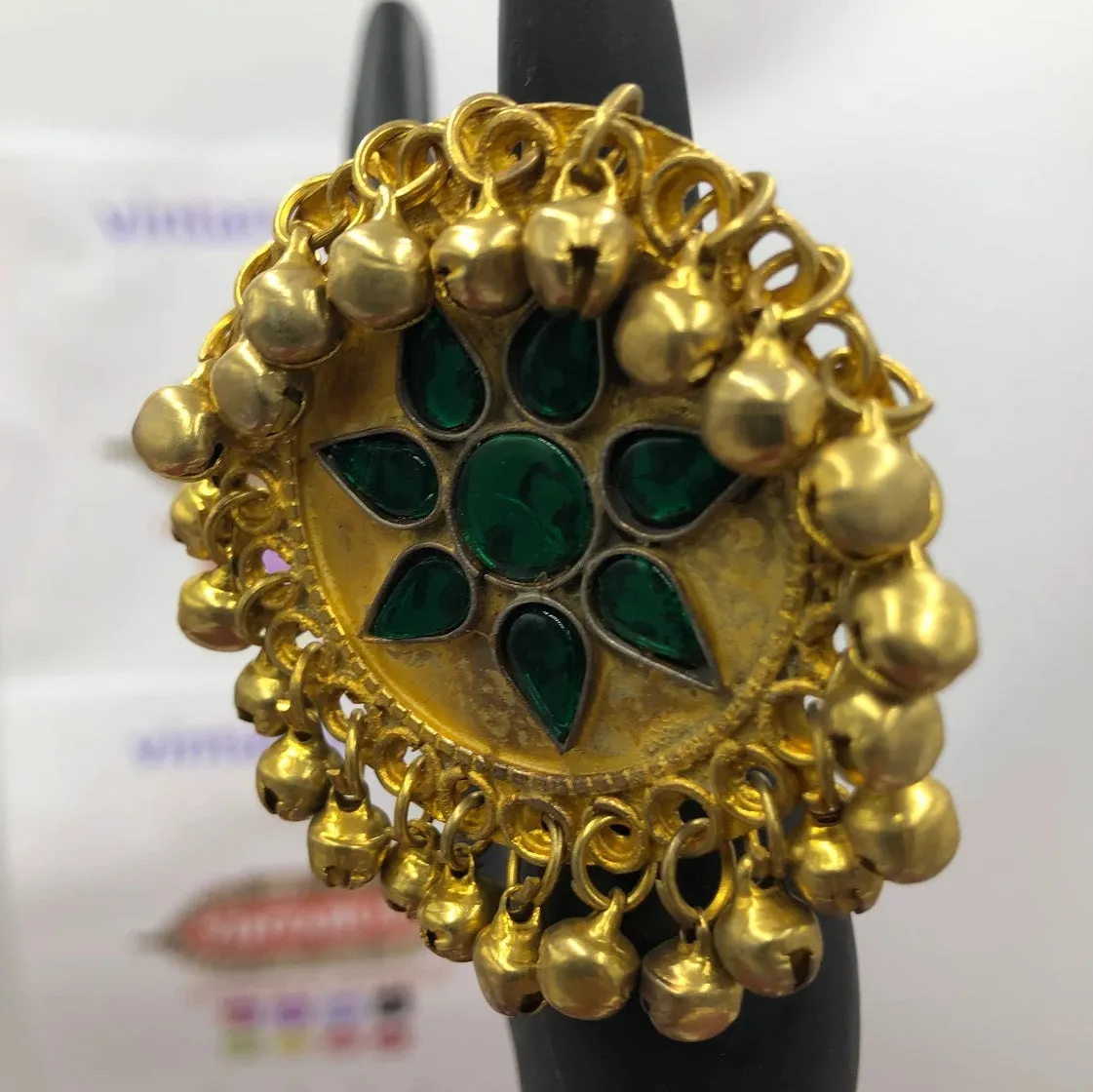 Golden Kuchi Ring with Glass Stones And Bells