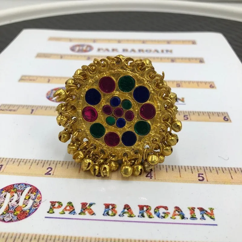 Golden Kuchi Ring with Glass Stones And Bells