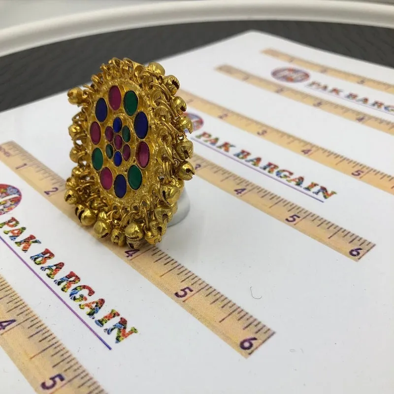 Golden Kuchi Ring with Glass Stones And Bells