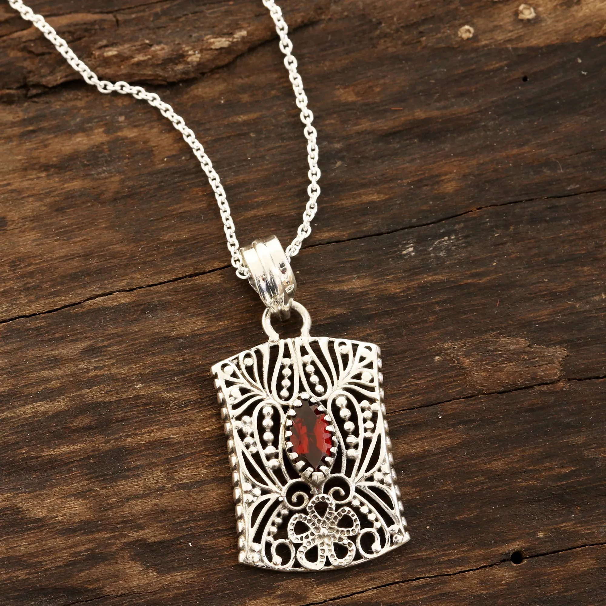 Gorgeous Frame Openwork Pattern Garnet Pendant Necklace from India