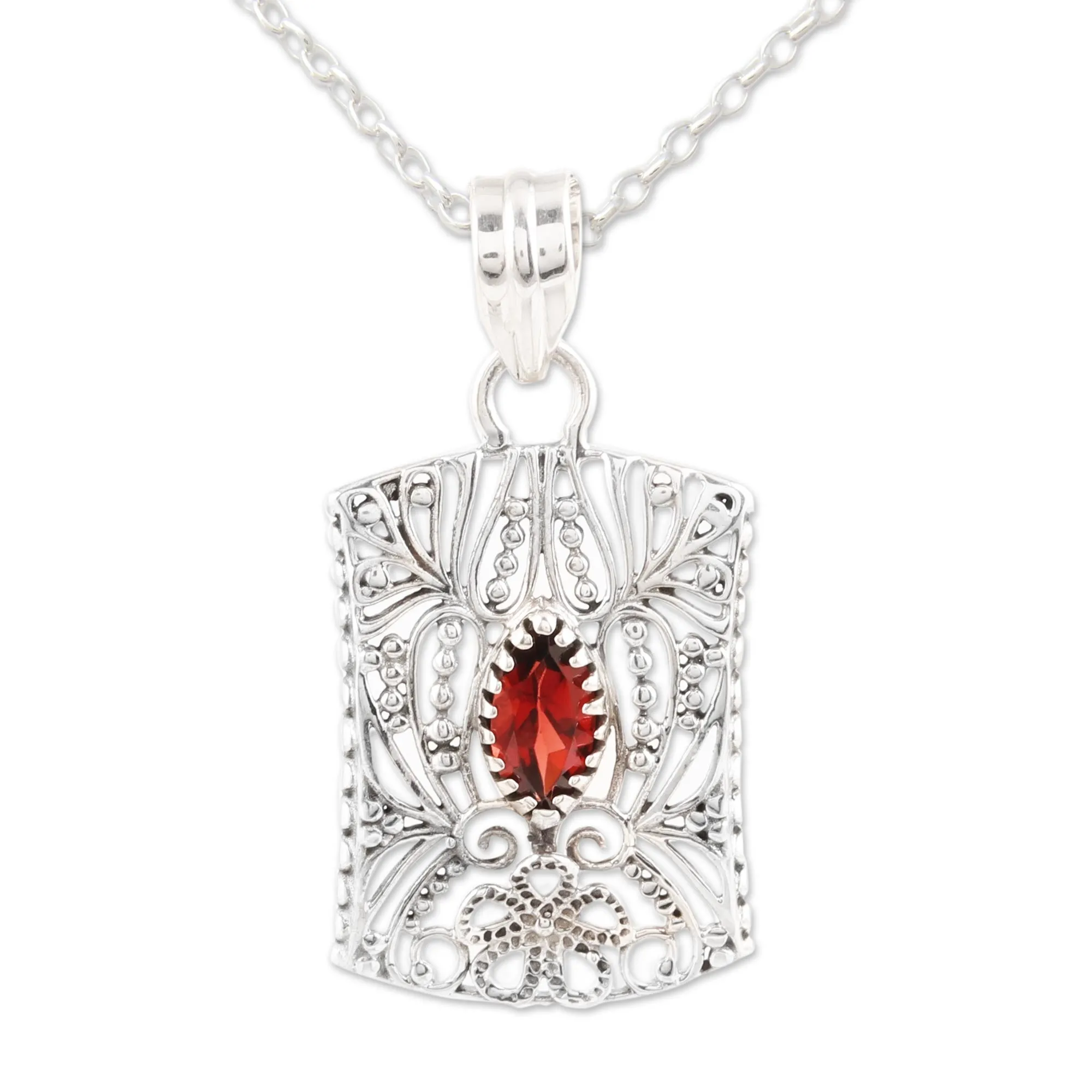 Gorgeous Frame Openwork Pattern Garnet Pendant Necklace from India