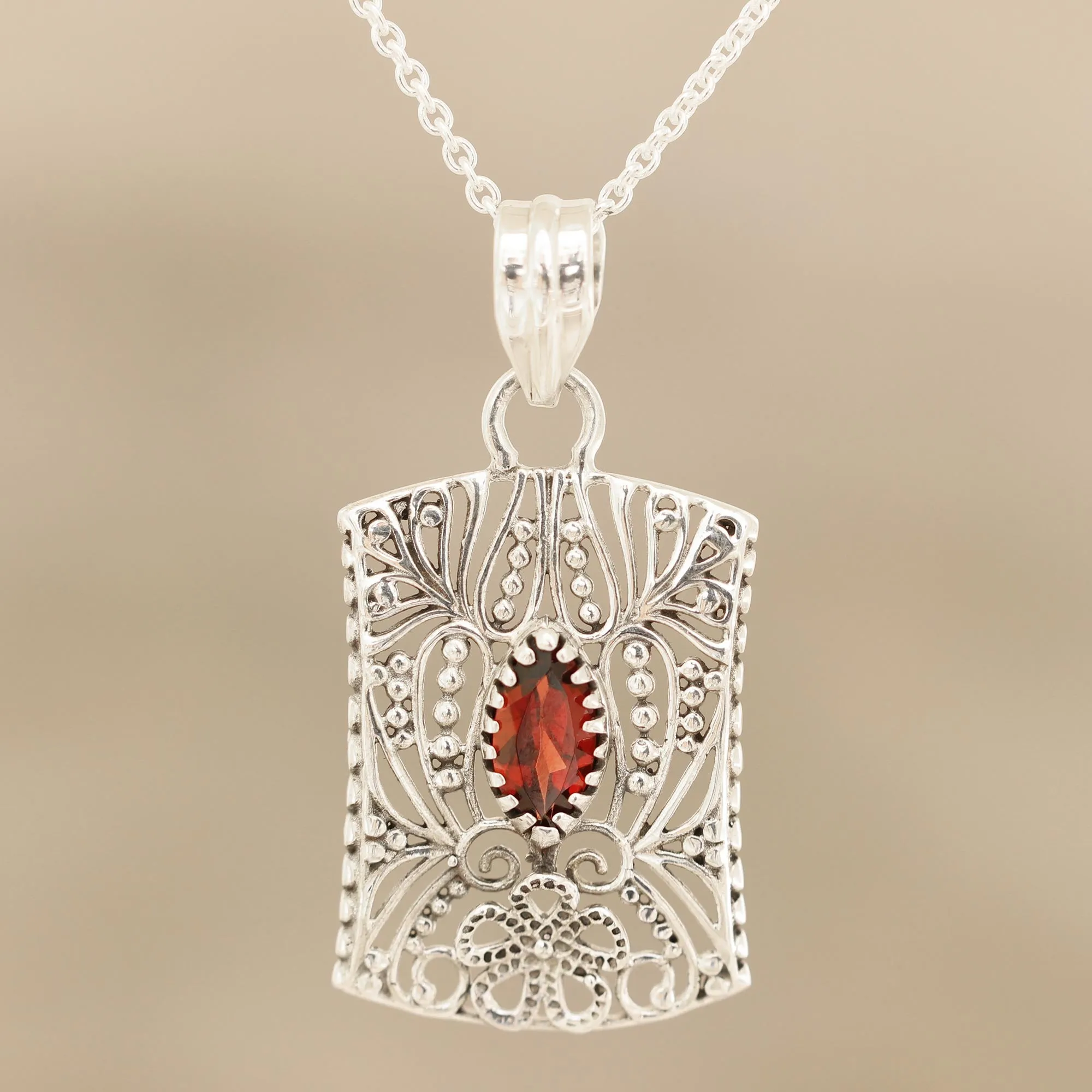 Gorgeous Frame Openwork Pattern Garnet Pendant Necklace from India