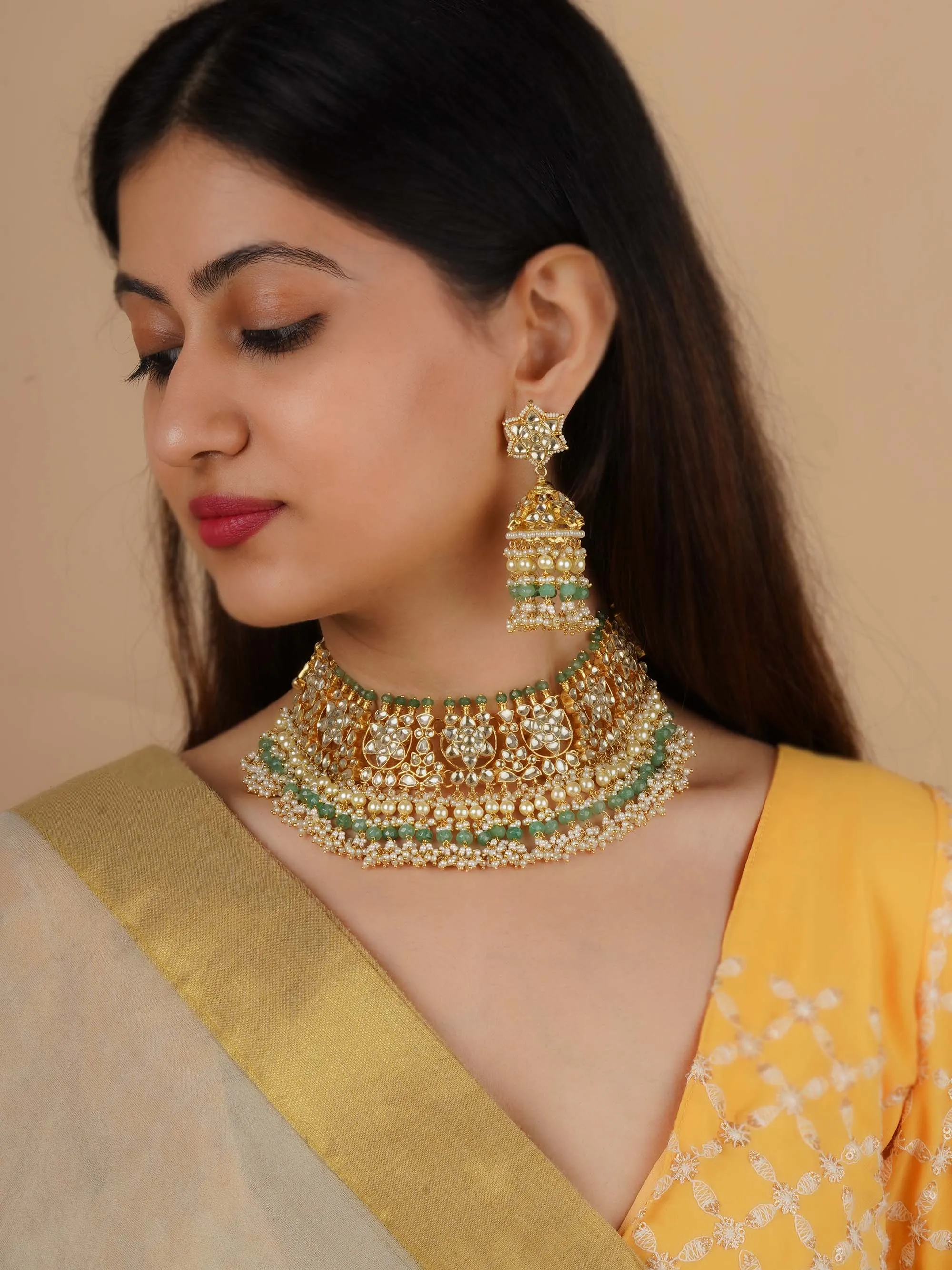 Green Color Gold Plated Jadau Kundan Necklace Set - MS2218Y