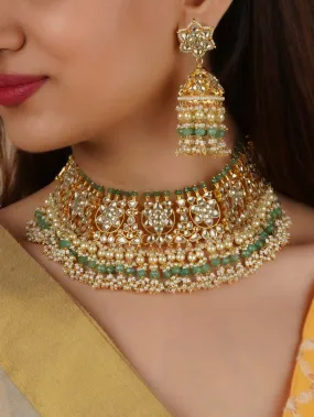 Green Color Gold Plated Jadau Kundan Necklace Set - MS2218Y