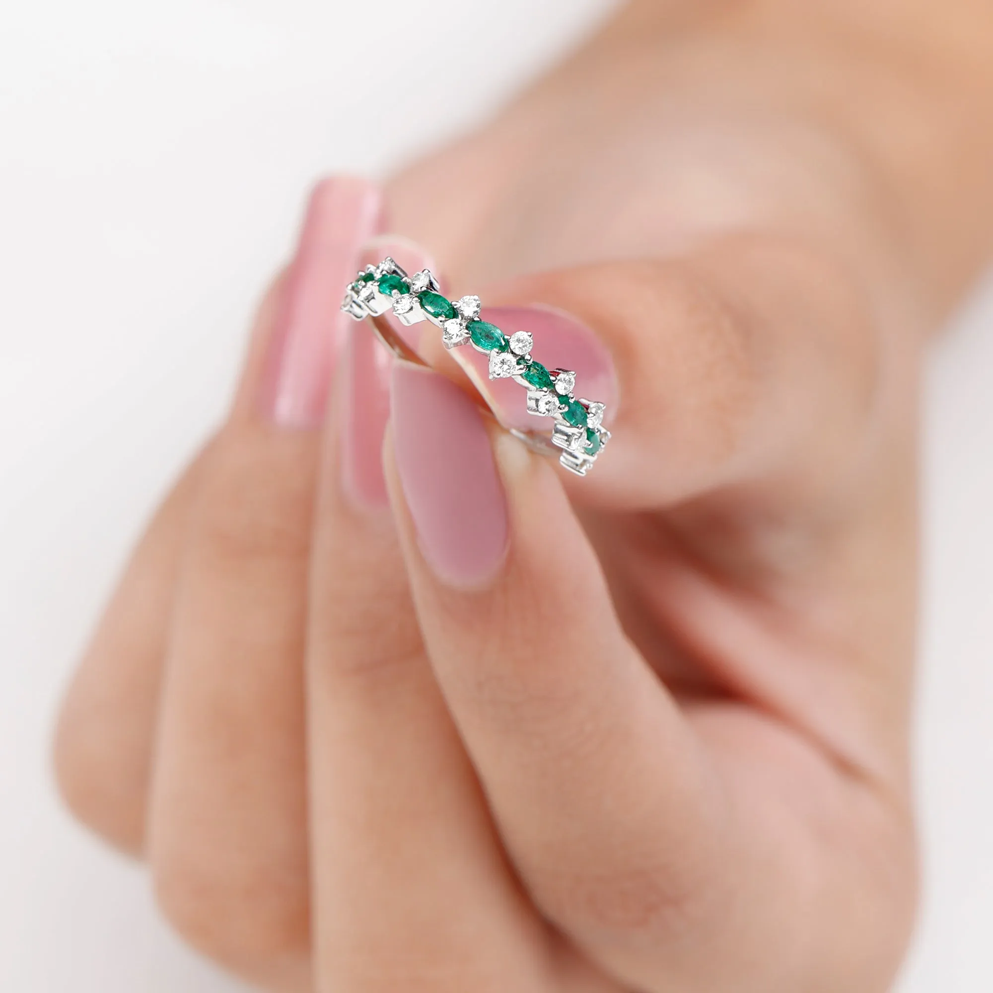 Green Emerald and Diamond Half Eternity Ring