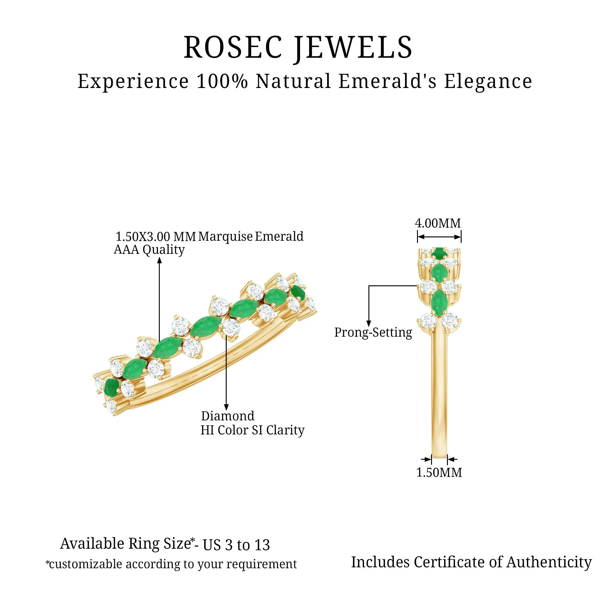 Green Emerald and Diamond Half Eternity Ring