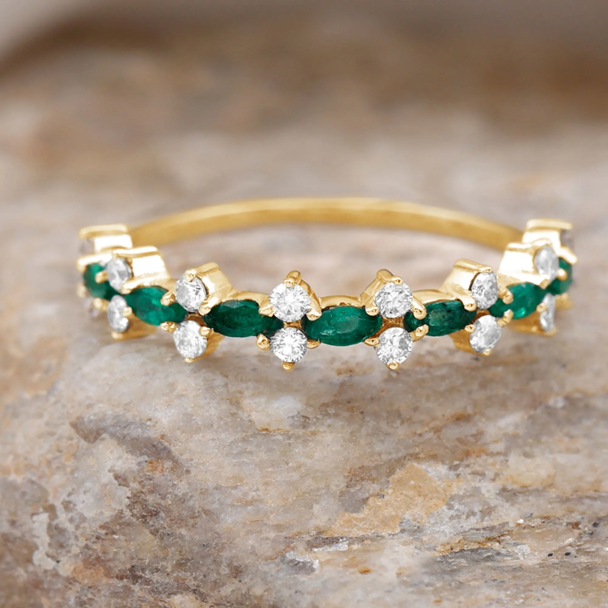 Green Emerald and Diamond Half Eternity Ring