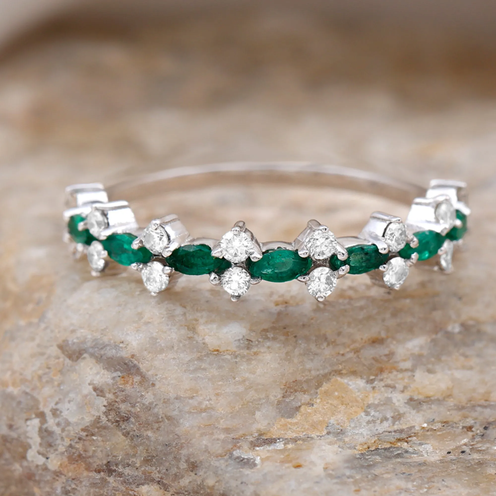 Green Emerald and Diamond Half Eternity Ring