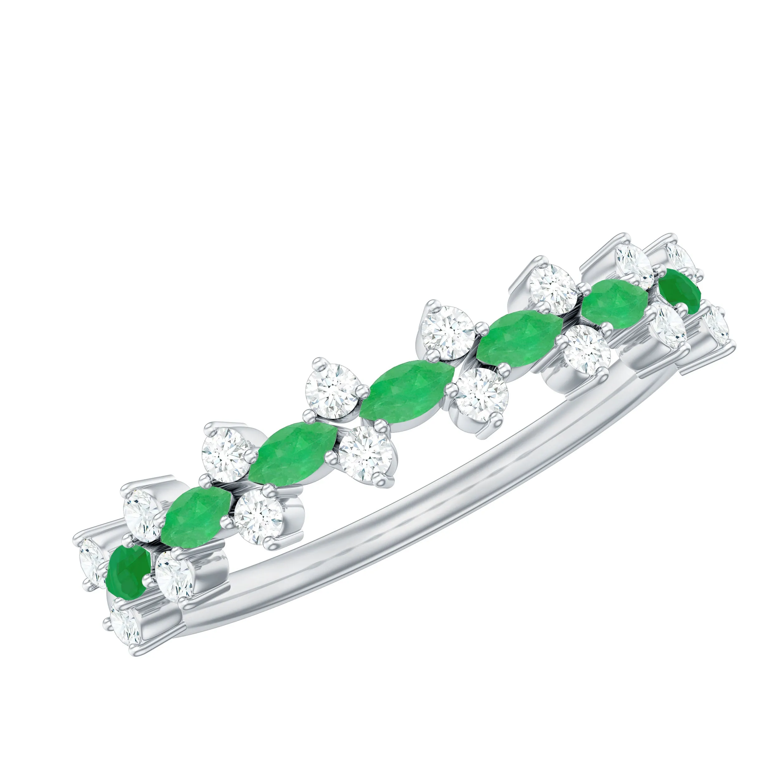 Green Emerald and Diamond Half Eternity Ring