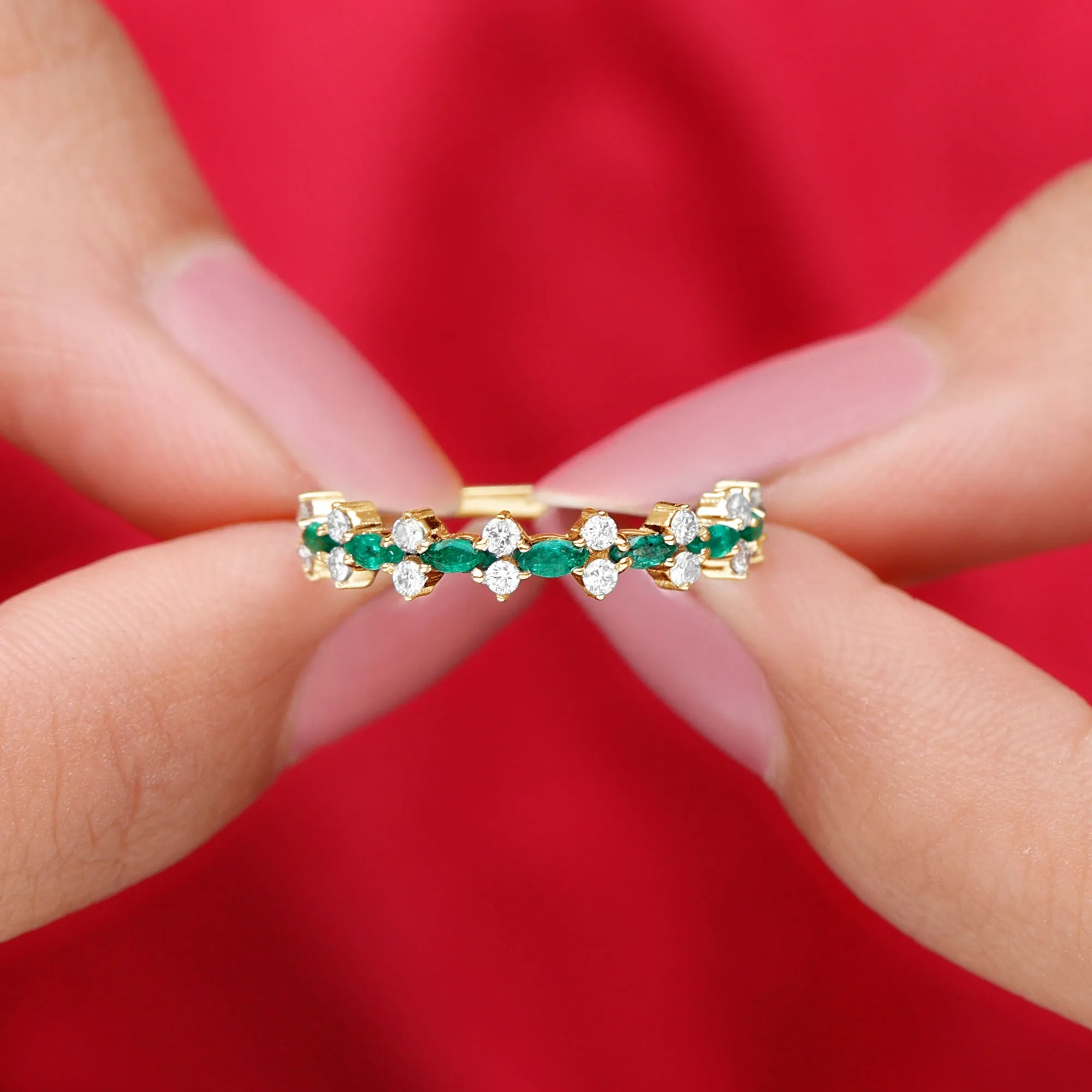 Green Emerald and Diamond Half Eternity Ring