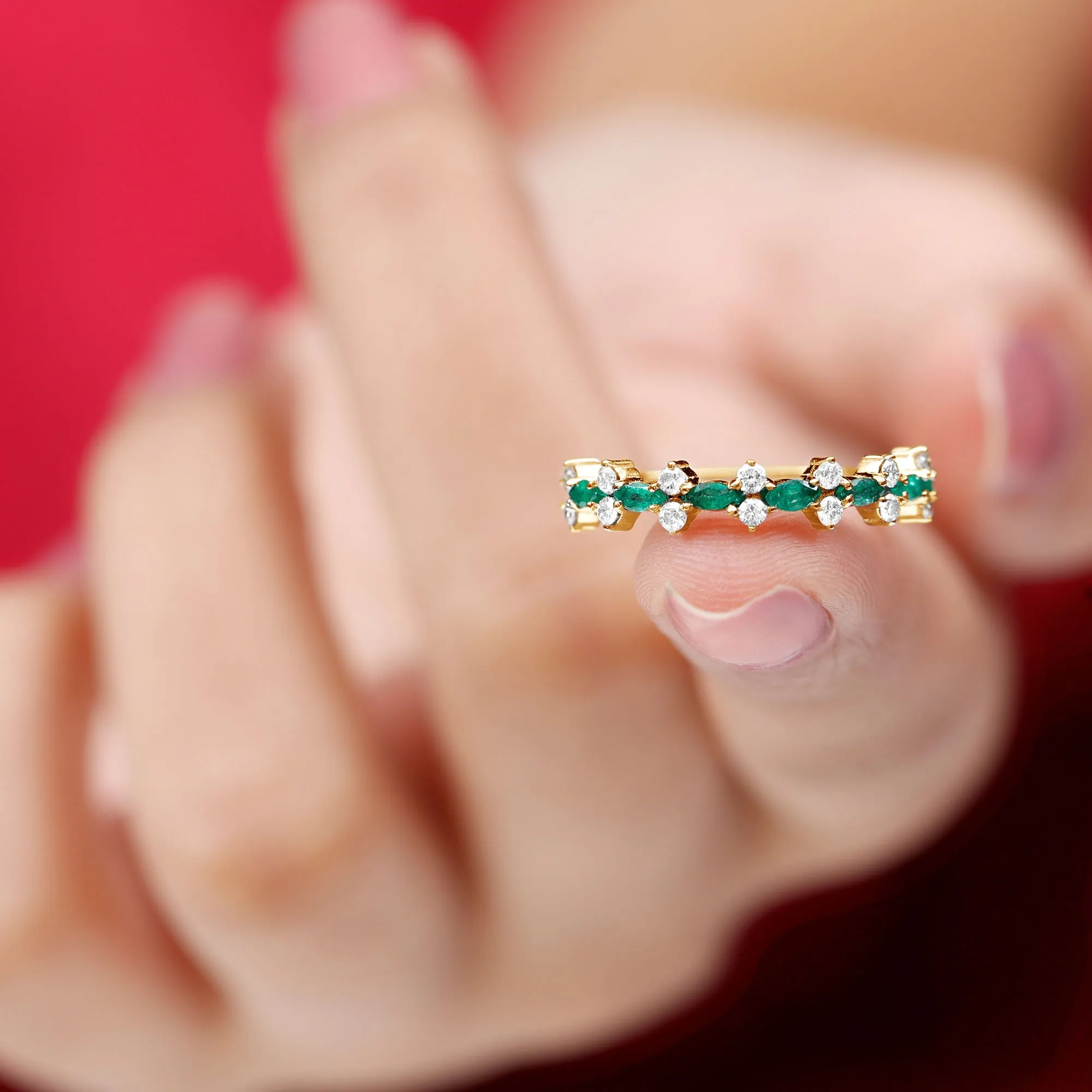 Green Emerald and Diamond Half Eternity Ring