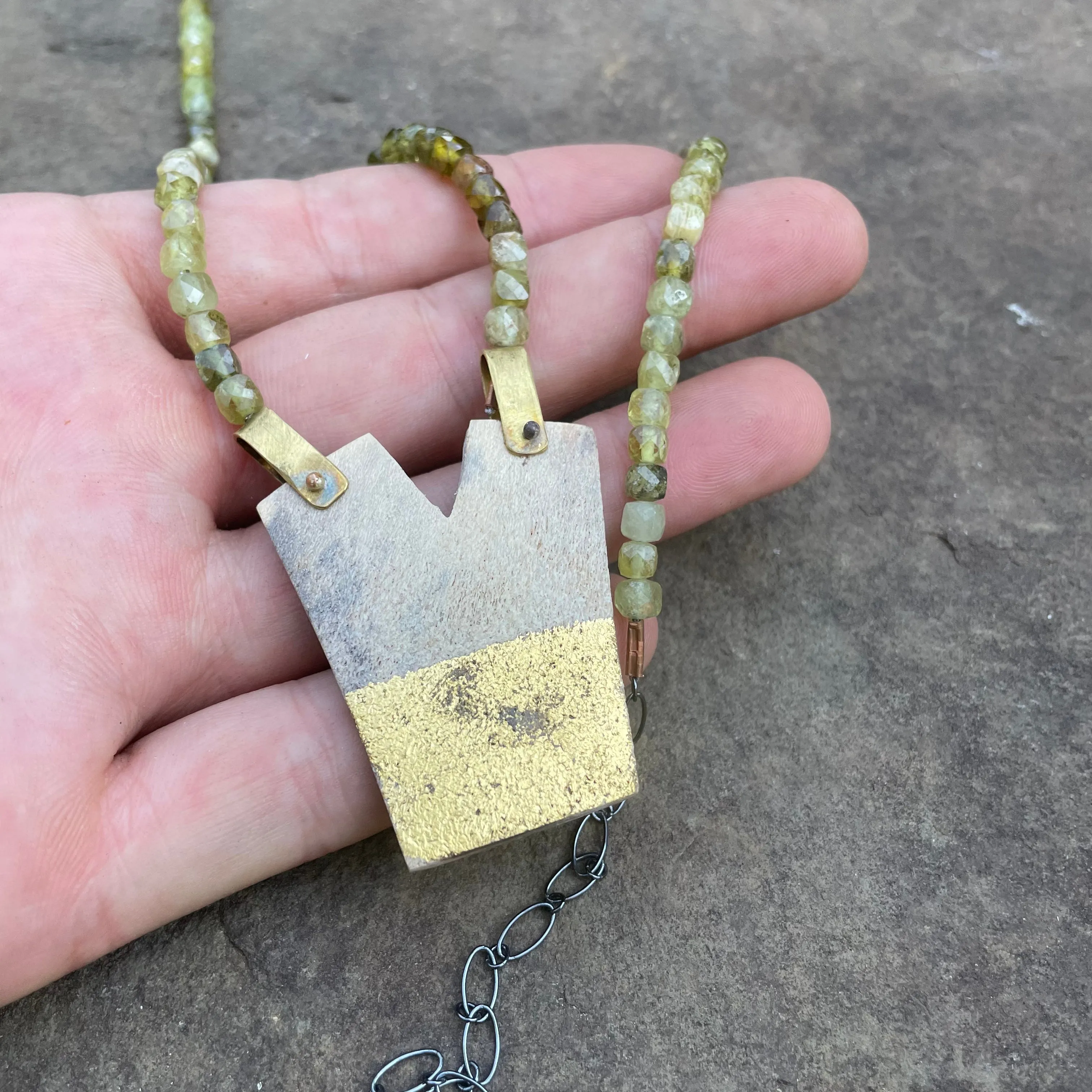 Green Garnet and Gold Leafed Antler Necklace by Eric Silva