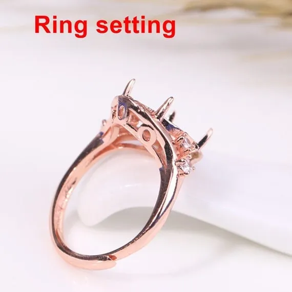 Halo Ring Setting Blank 9x12mm 1pc 925 Sterling Silver CZ Semi Mount for Oval Faceted Cabochon Stone 4 Prongs Adjustable Wholesale Available