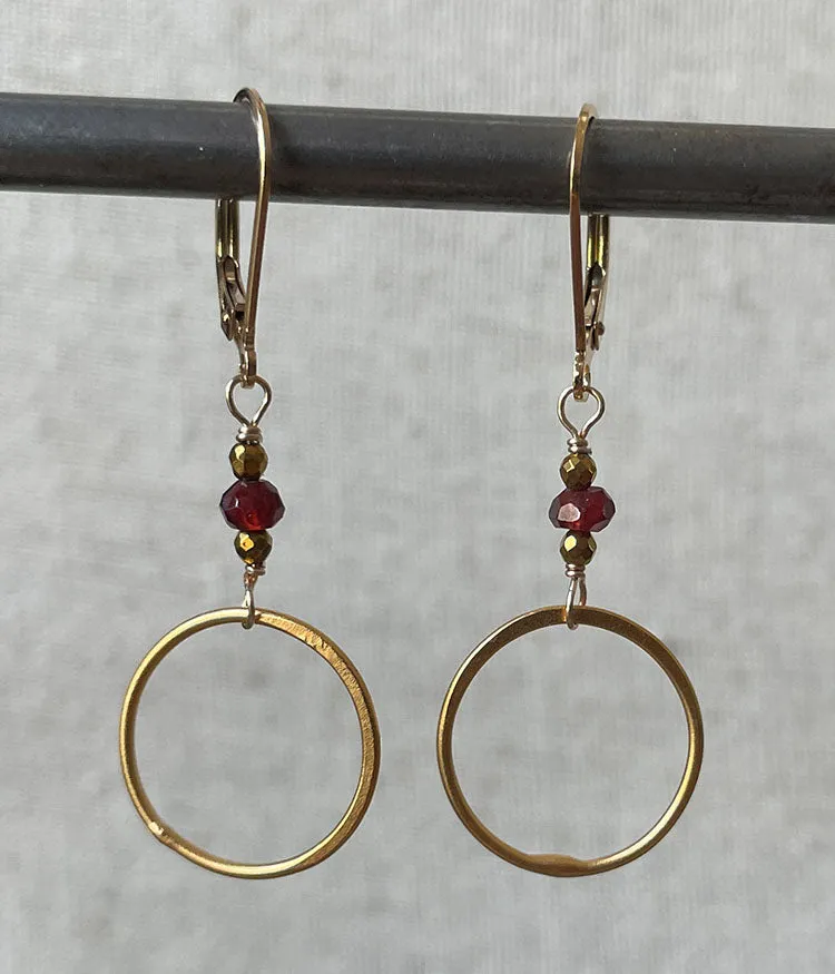 Hammered Circle Garnet Earrings