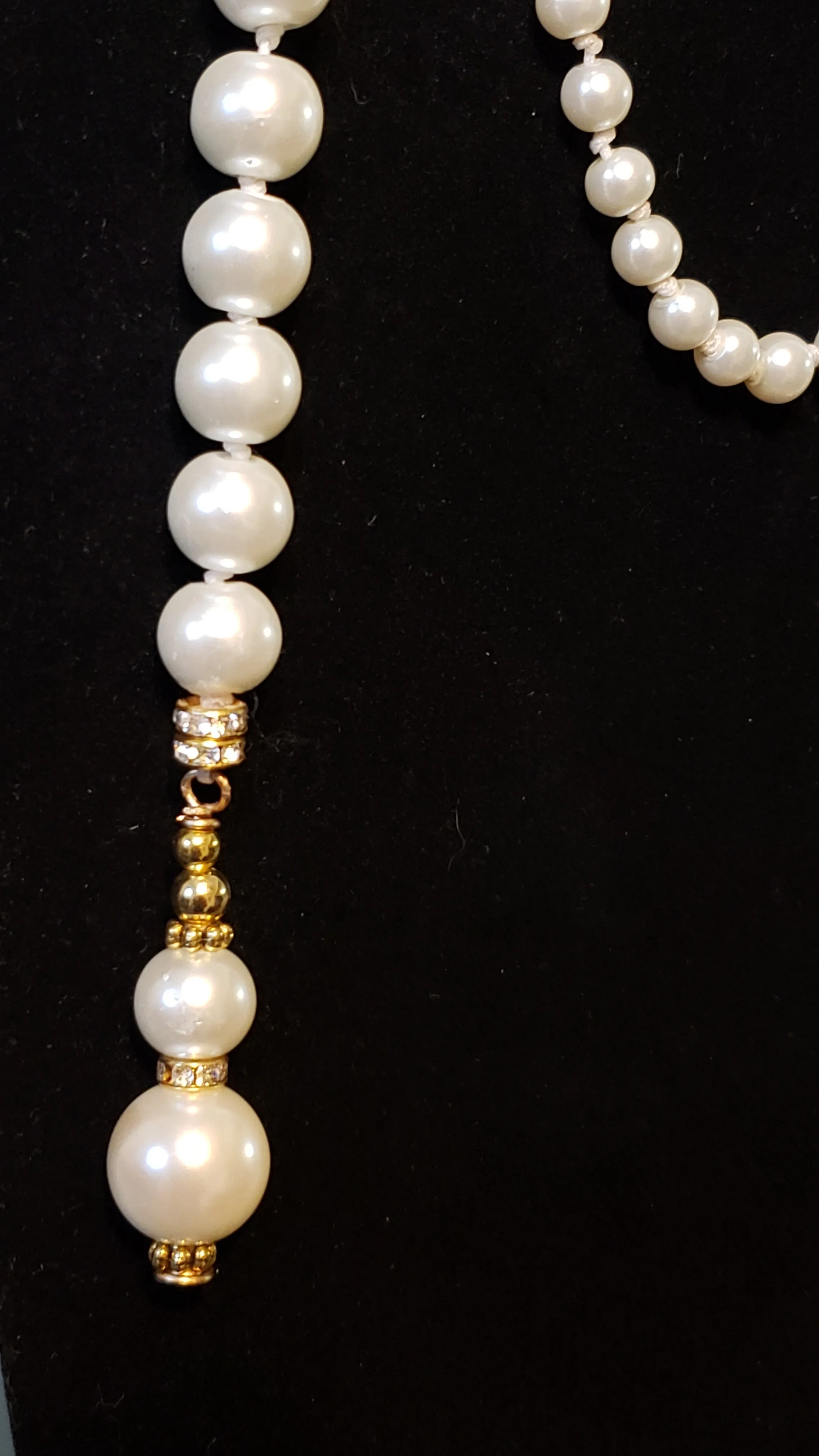 Hand Knotted Pearl 65" Lariat style Necklace with Gold Tone & Austrian Crystal Accents  