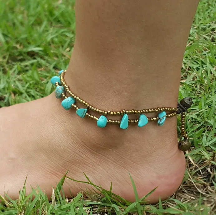 Hand Made Fair Trade Anklet Double Strand Brass Beads Turquoise