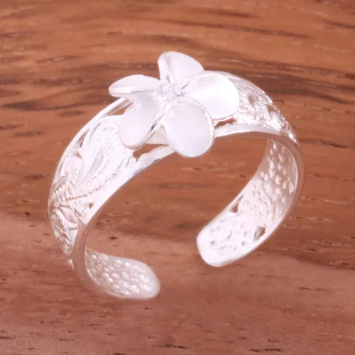 Hawaiian Scroll See Through 8mm Plumeria with Clear CZ Toe Ring