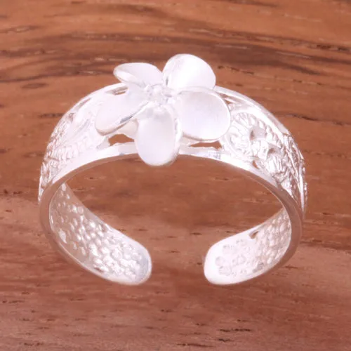 Hawaiian Scroll See Through 8mm Plumeria with Clear CZ Toe Ring