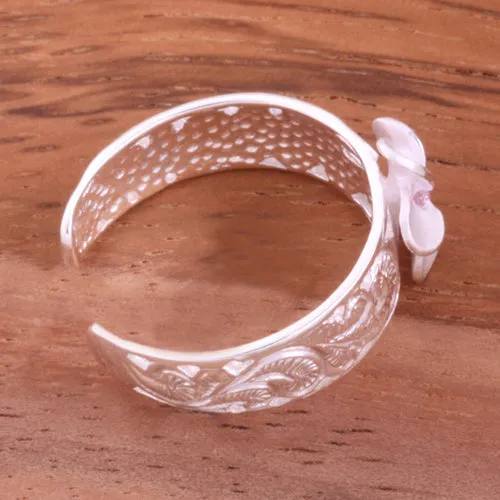 Hawaiian Scroll See Through 8mm Plumeria with Pink CZ Toe Ring