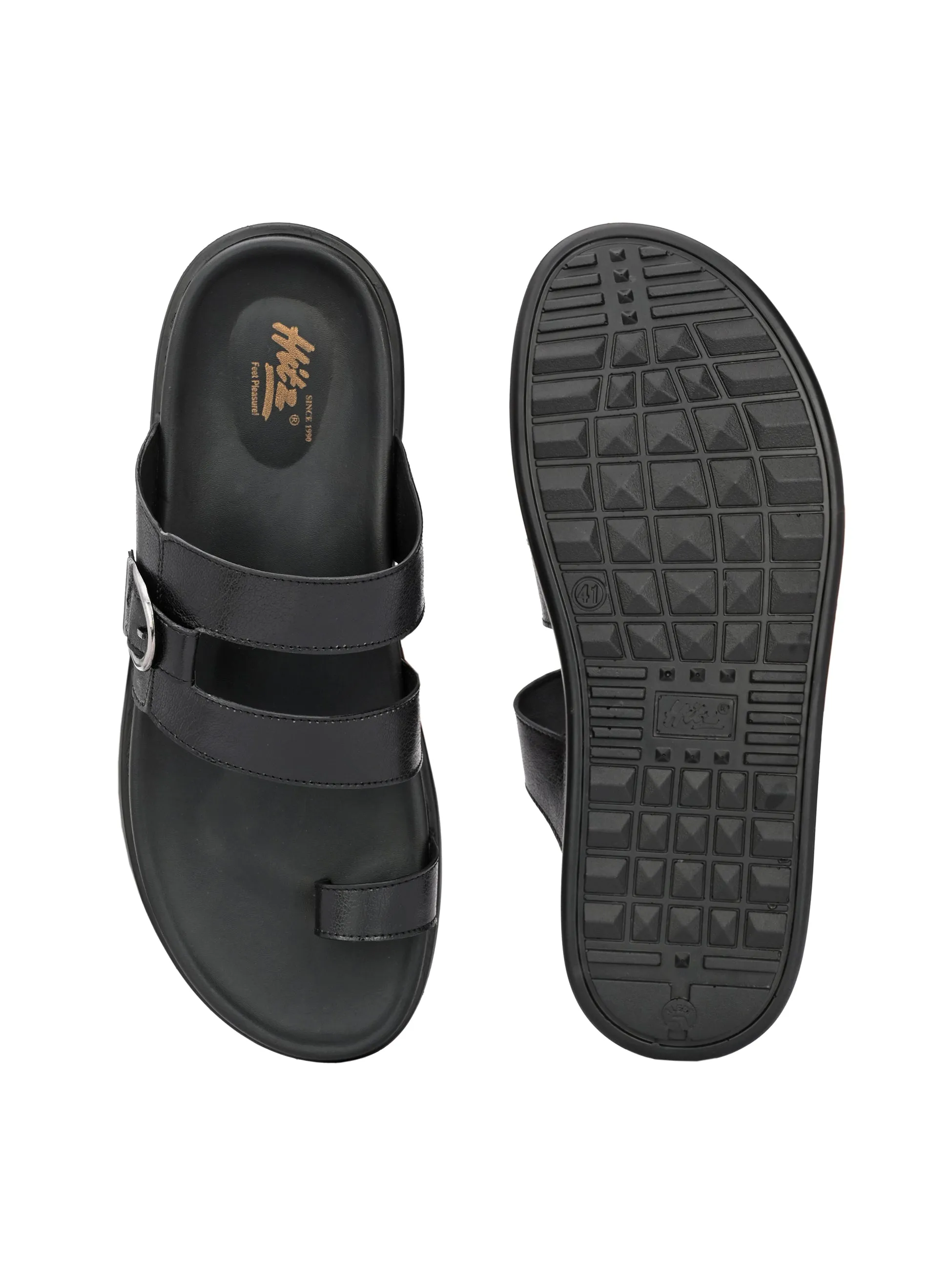 Hitz Men's Black Leather Toe-Ring Slippers