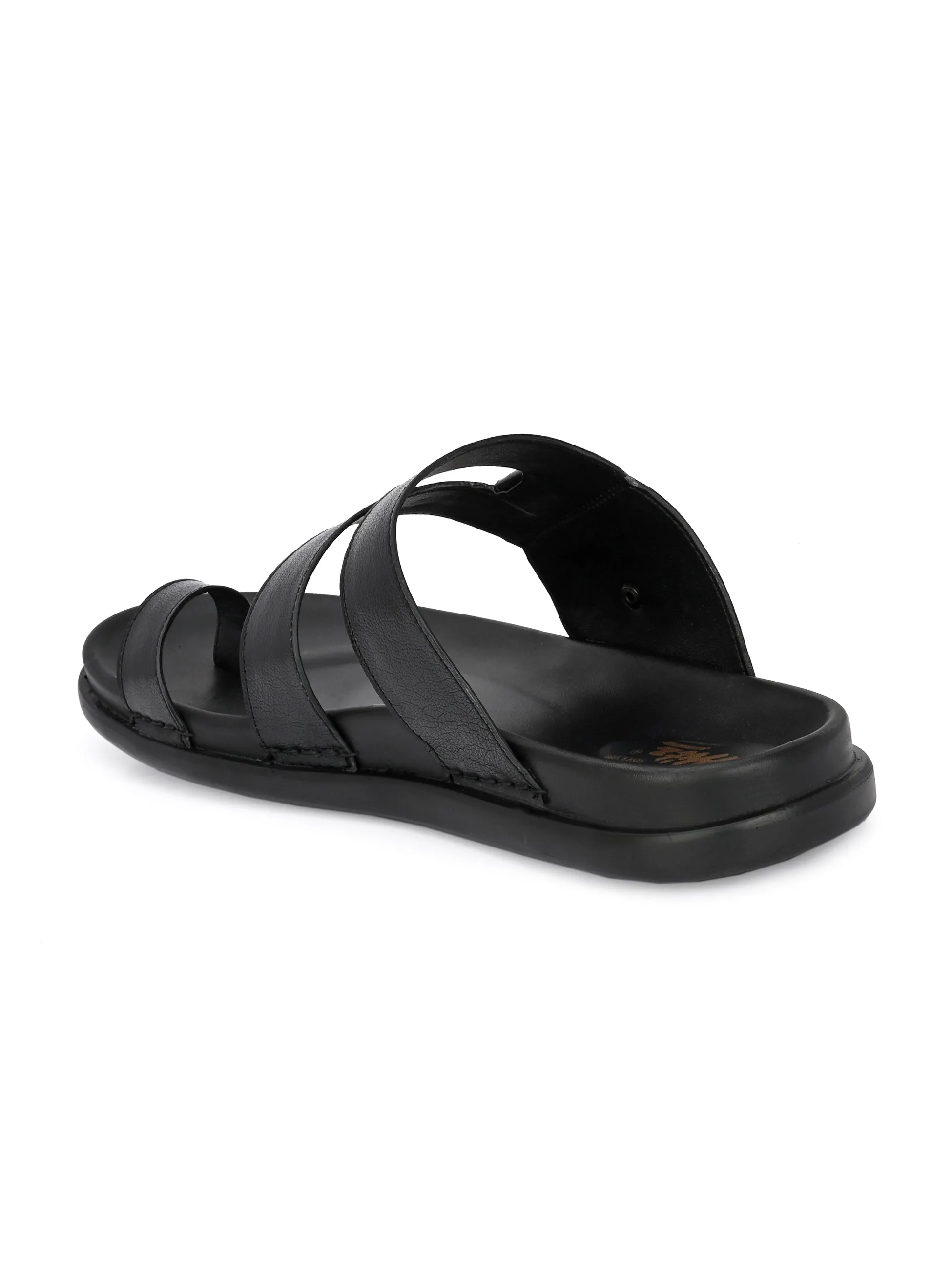 Hitz Men's Black Leather Toe-Ring Slippers