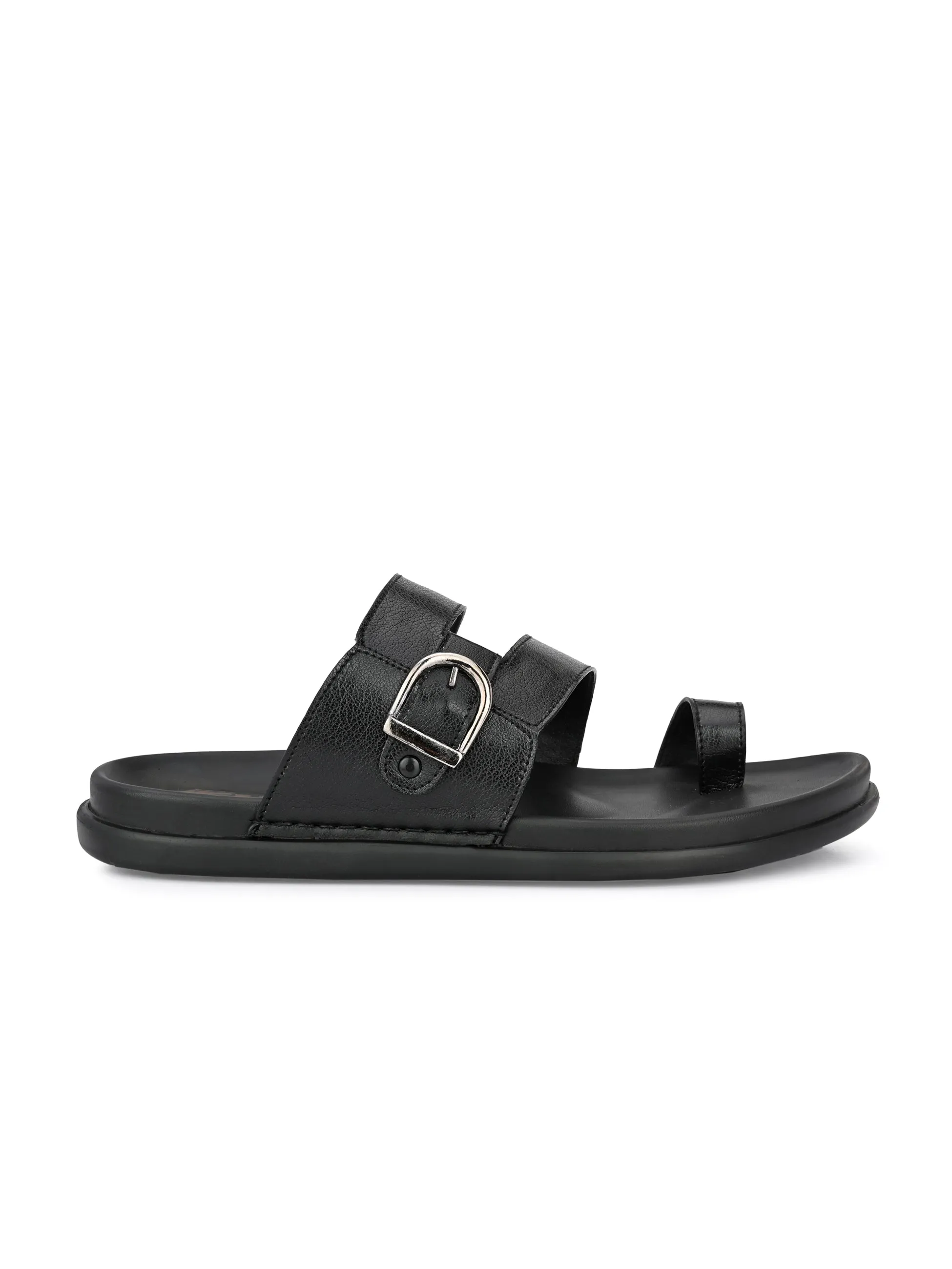 Hitz Men's Black Leather Toe-Ring Slippers