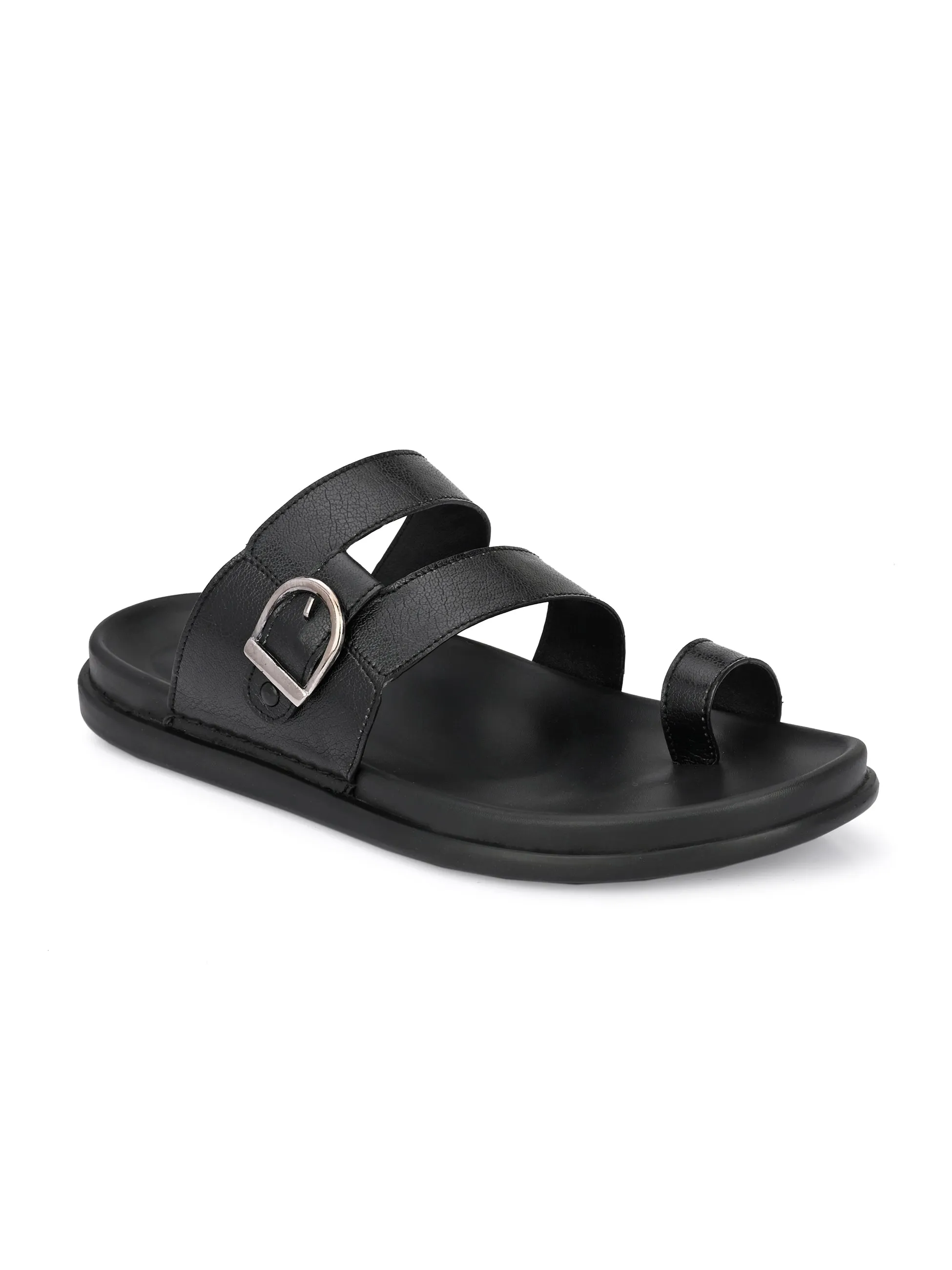 Hitz Men's Black Leather Toe-Ring Slippers