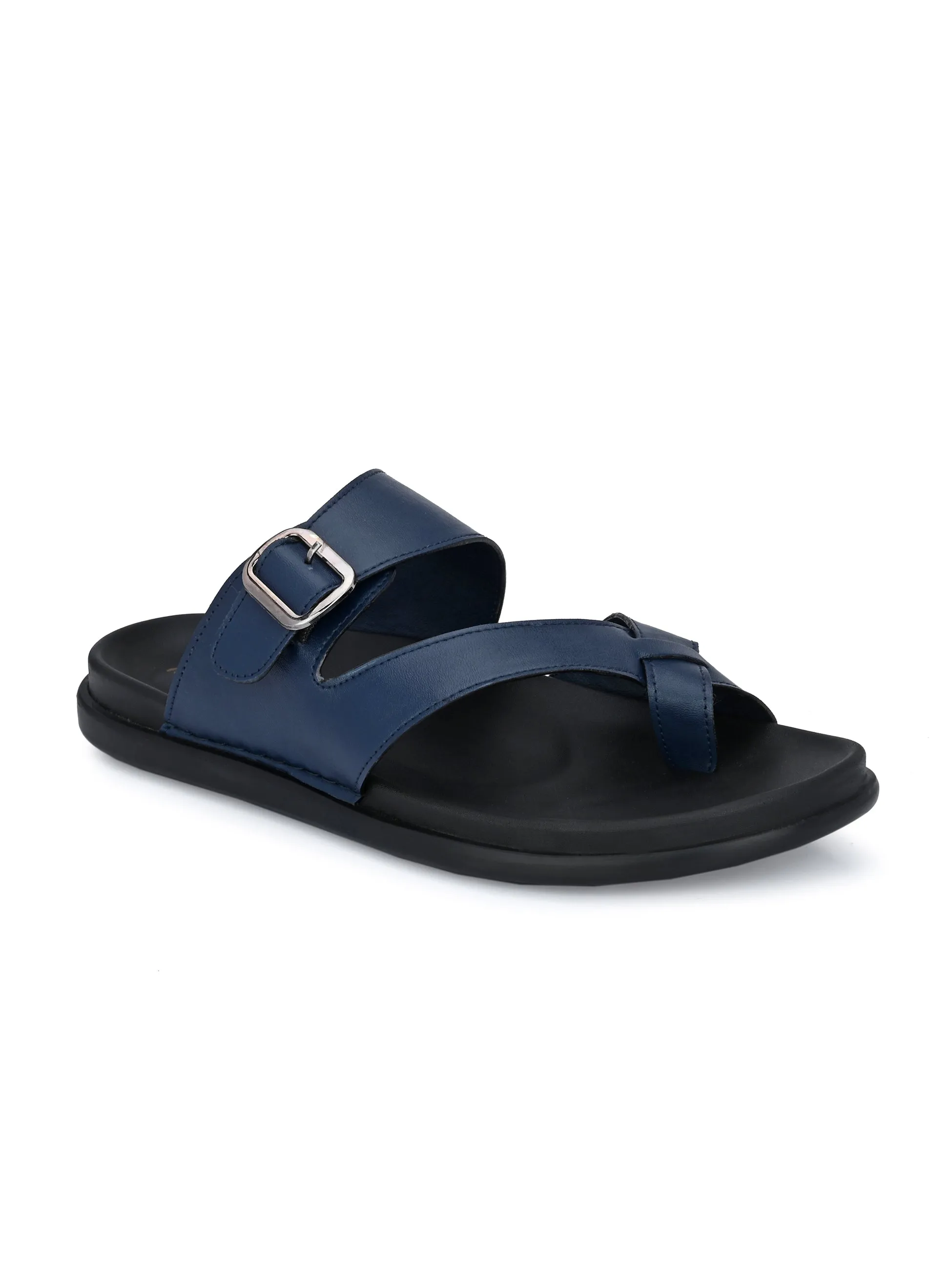 Hitz Men's Blue Leather Toe-Ring Slippers