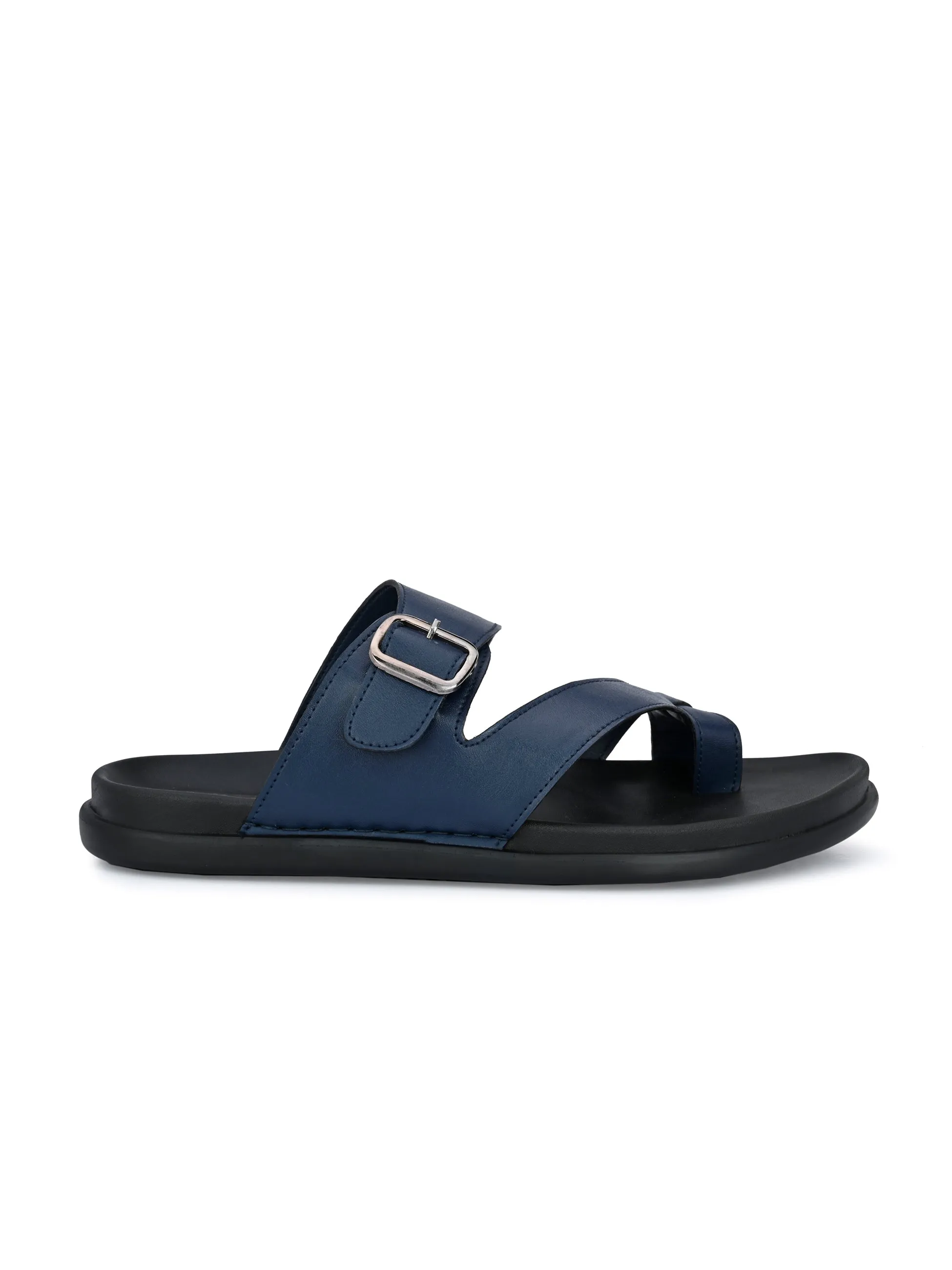 Hitz Men's Blue Leather Toe-Ring Slippers