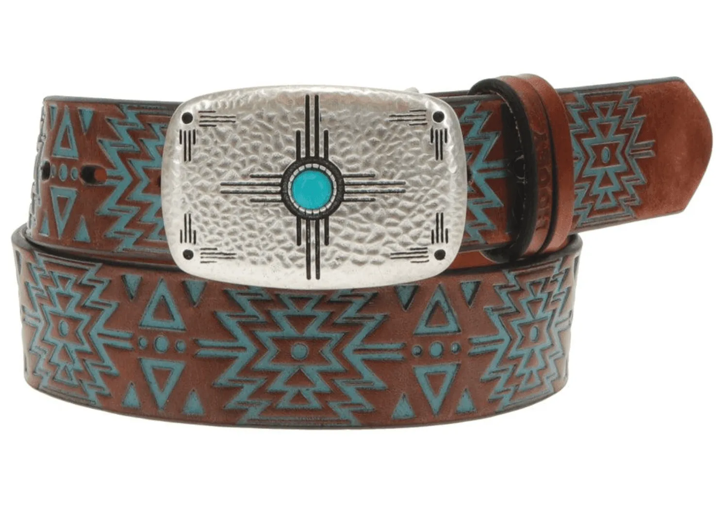 Hooey 'Dakota' Brown Turquoise Aztec Embossed Faux Turquoise Buckle Leather Belt HWBLT010