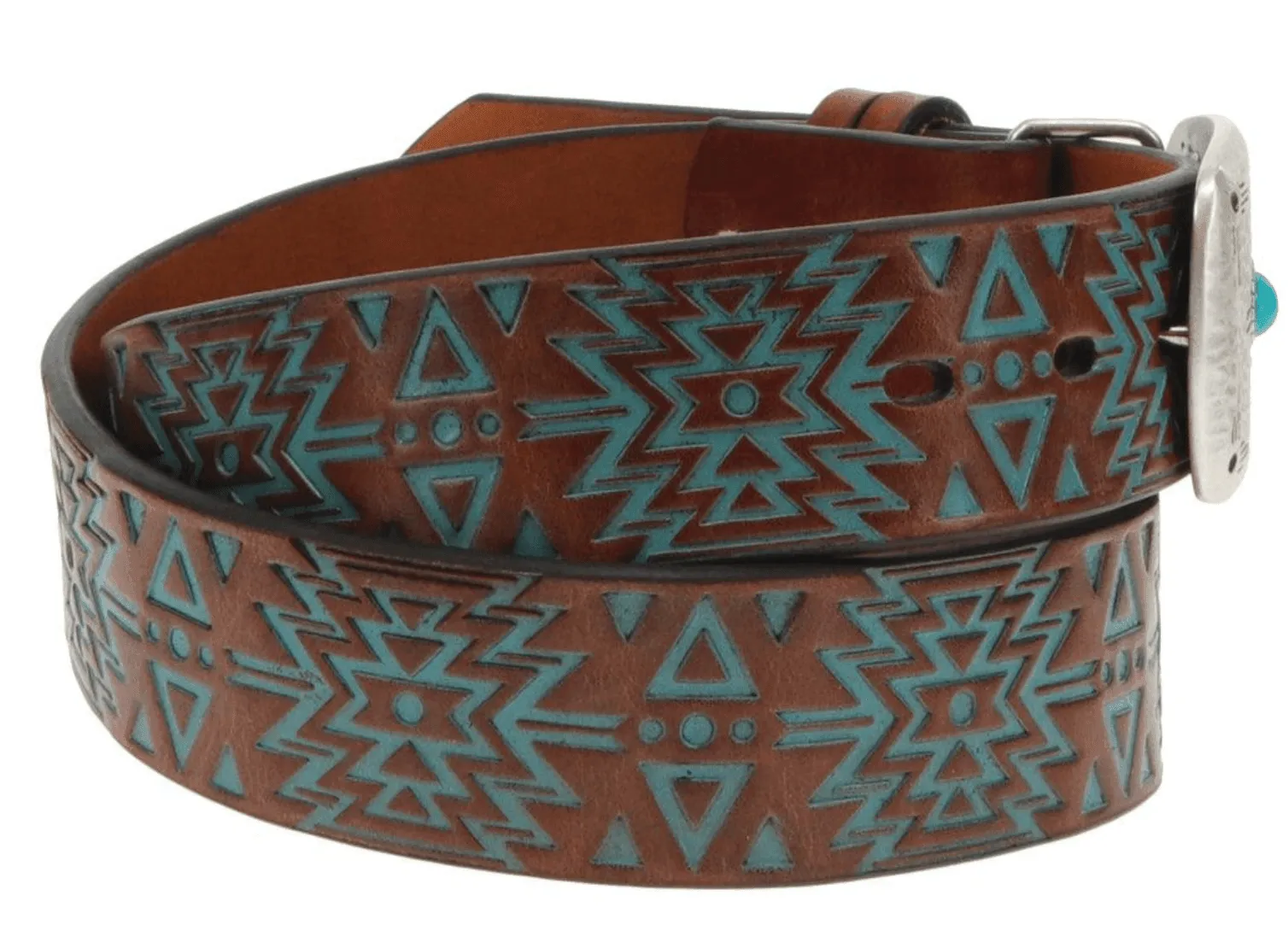 Hooey 'Dakota' Brown Turquoise Aztec Embossed Faux Turquoise Buckle Leather Belt HWBLT010